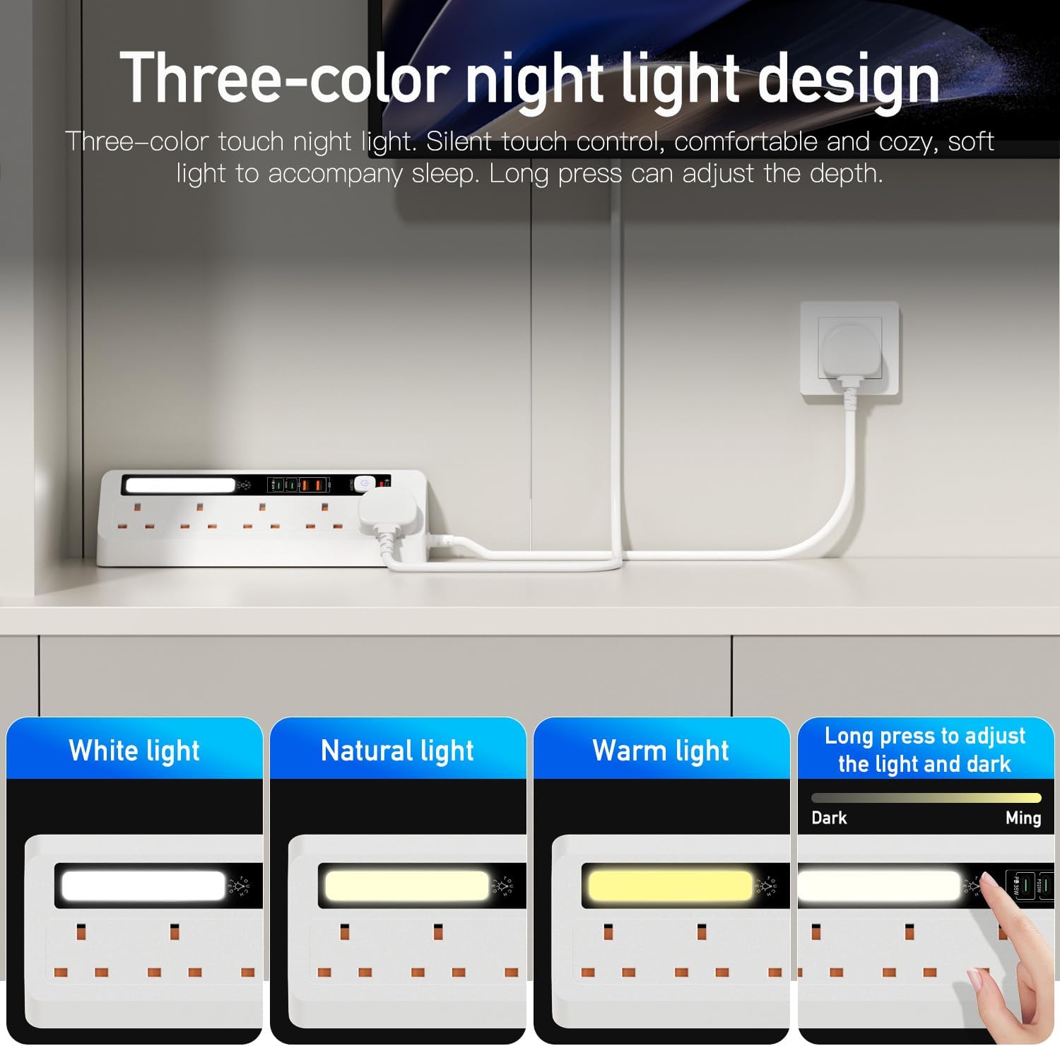 Detalle de BOCHLION 9-in-1 Desk Extension Lead with USB Slots (PD 35W + PD 20W) and Night Light, 5-Way Surge Protector, 1.8m