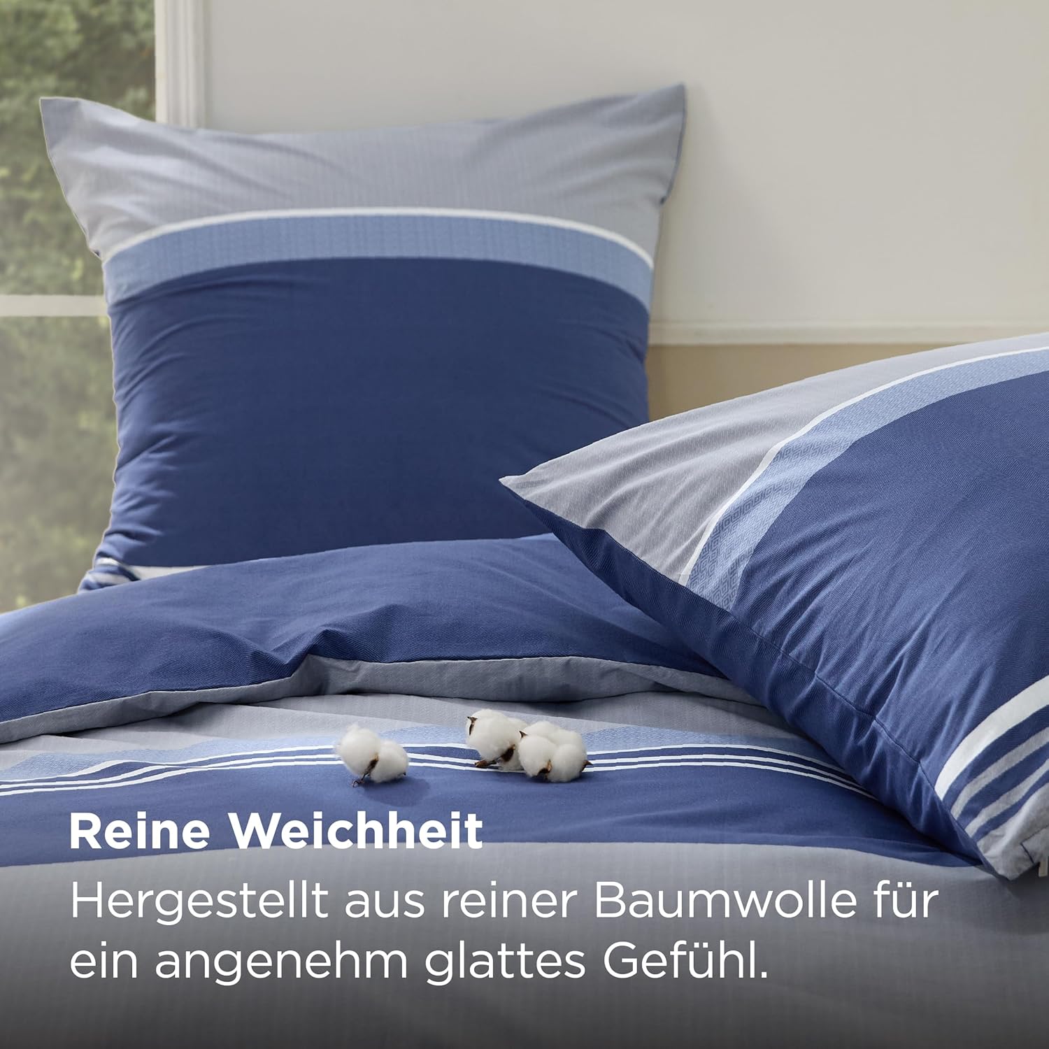 Thumbnail 2 de BEDSURE Bettwäsche 200x200 Baumwolle – 3-teiliges Set mit Reißverschluss, 80x80 Kissenbezüge, OEKO-TEX, Blau Streifen