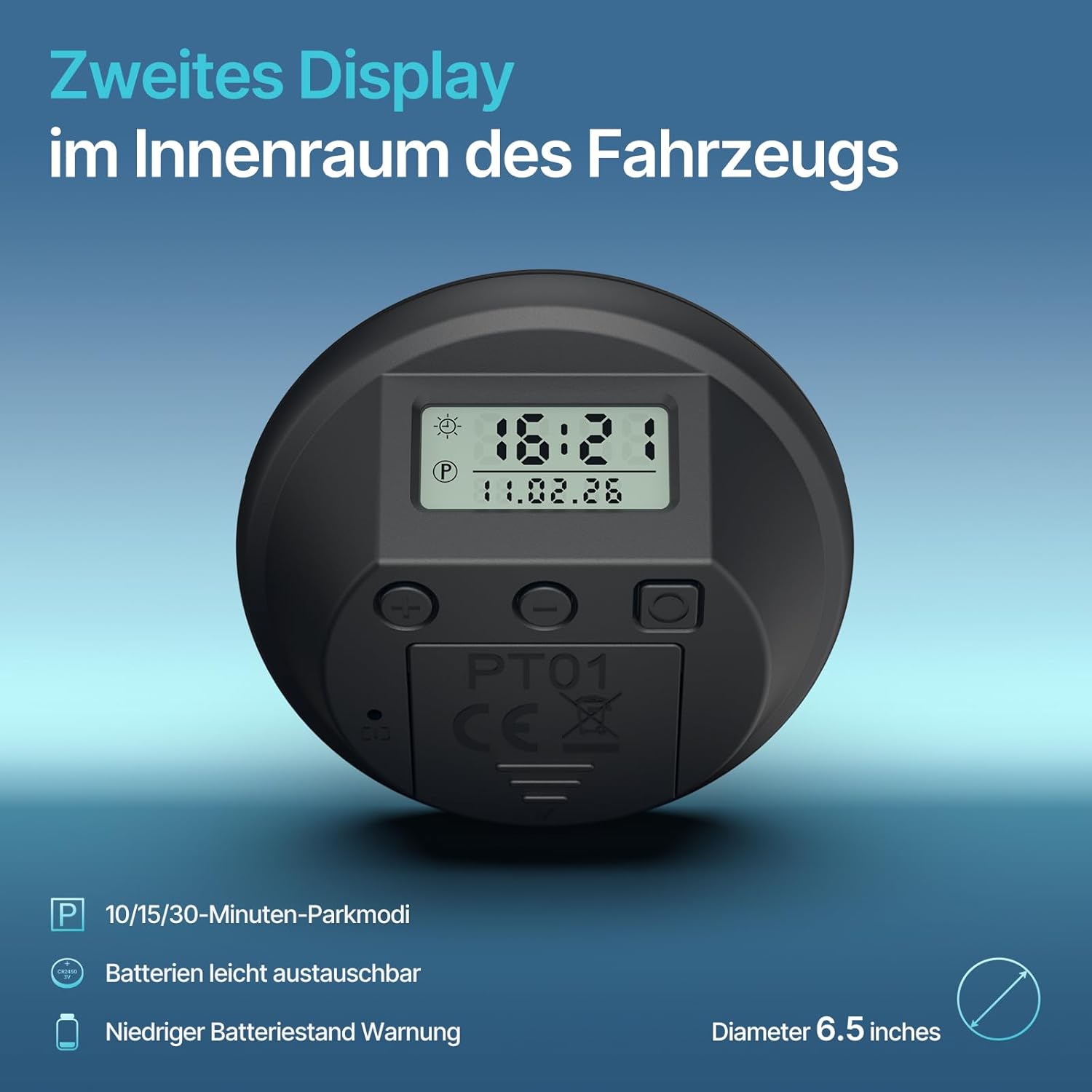 Detalle de Parkturon Elektronische Parkscheibe PT01 mit Zulassung – automatische Parkuhr mit 2 Displays und Nachtparkmodus (Schwarz)