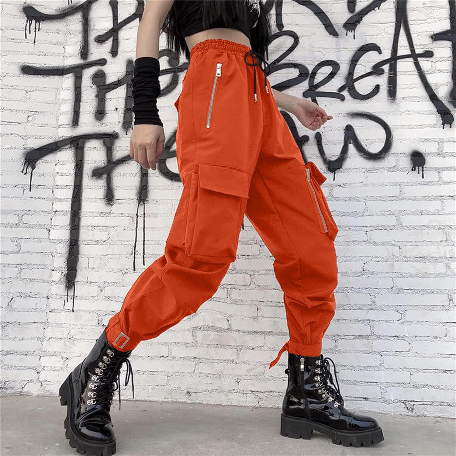 Detalle de MEINVQIAOTI Black Cargo Pants for Women with Chains, Pockets and Zippers