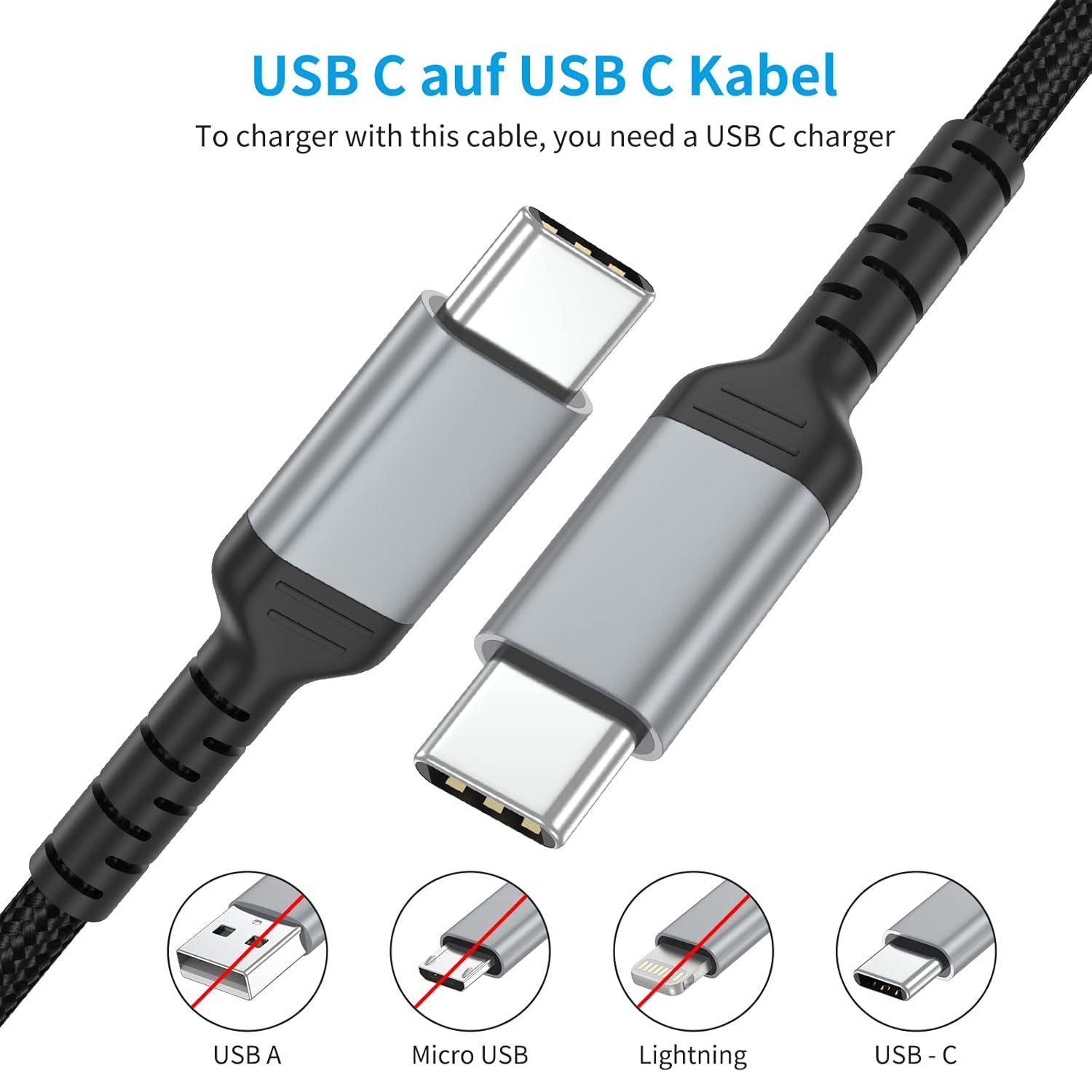 Detalle de USB C auf USB C Kabel 1 m – Nylon Geflochtenes Ladekabel im 3er-Pack, 60 W, 3 A, 480 Mbit/s