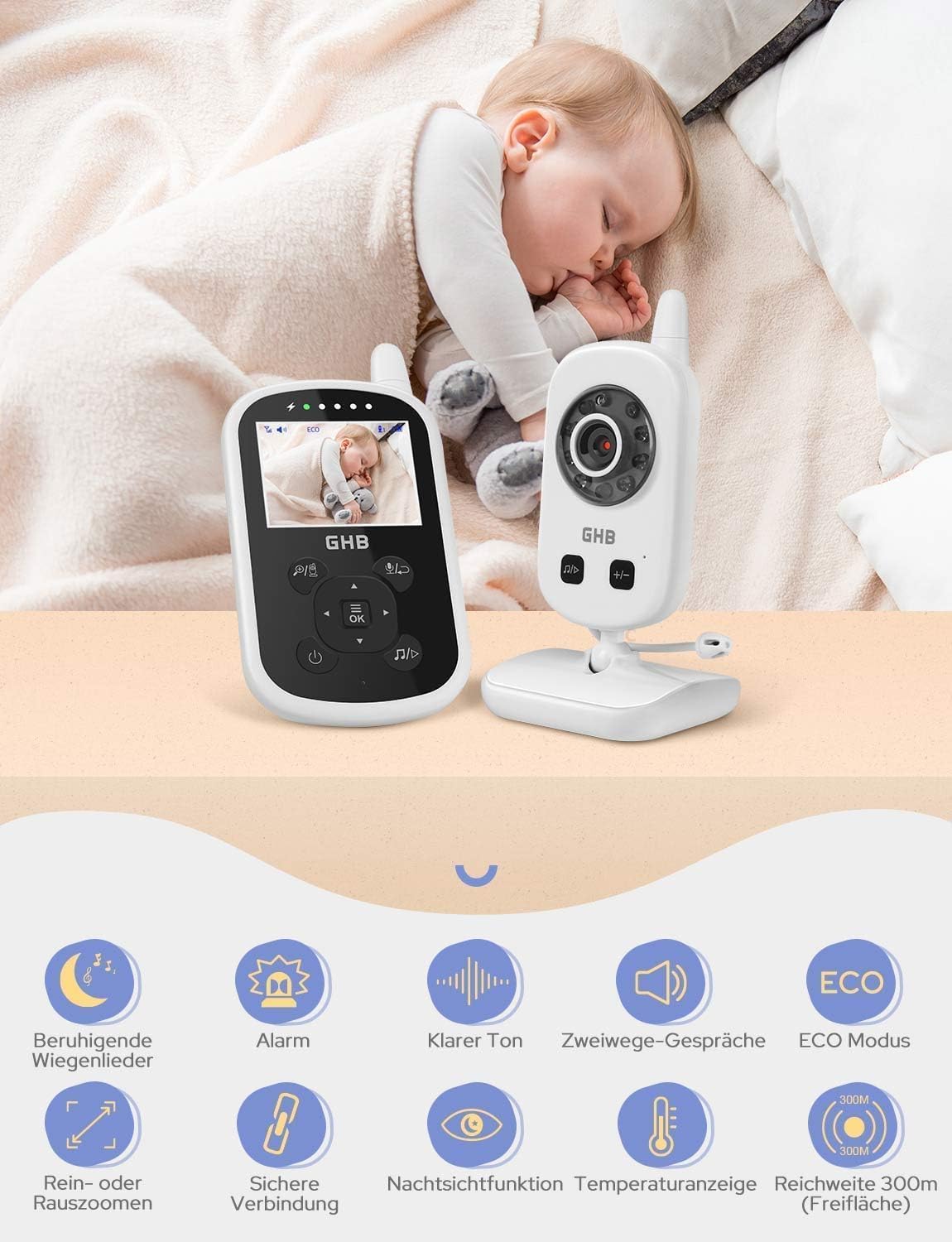 Detalle 2 de GHB Babyphone mit Kamera Video Monitor 2,4 GHz – Akku, Nachtansicht, Schlaflieder und Temperatursensor