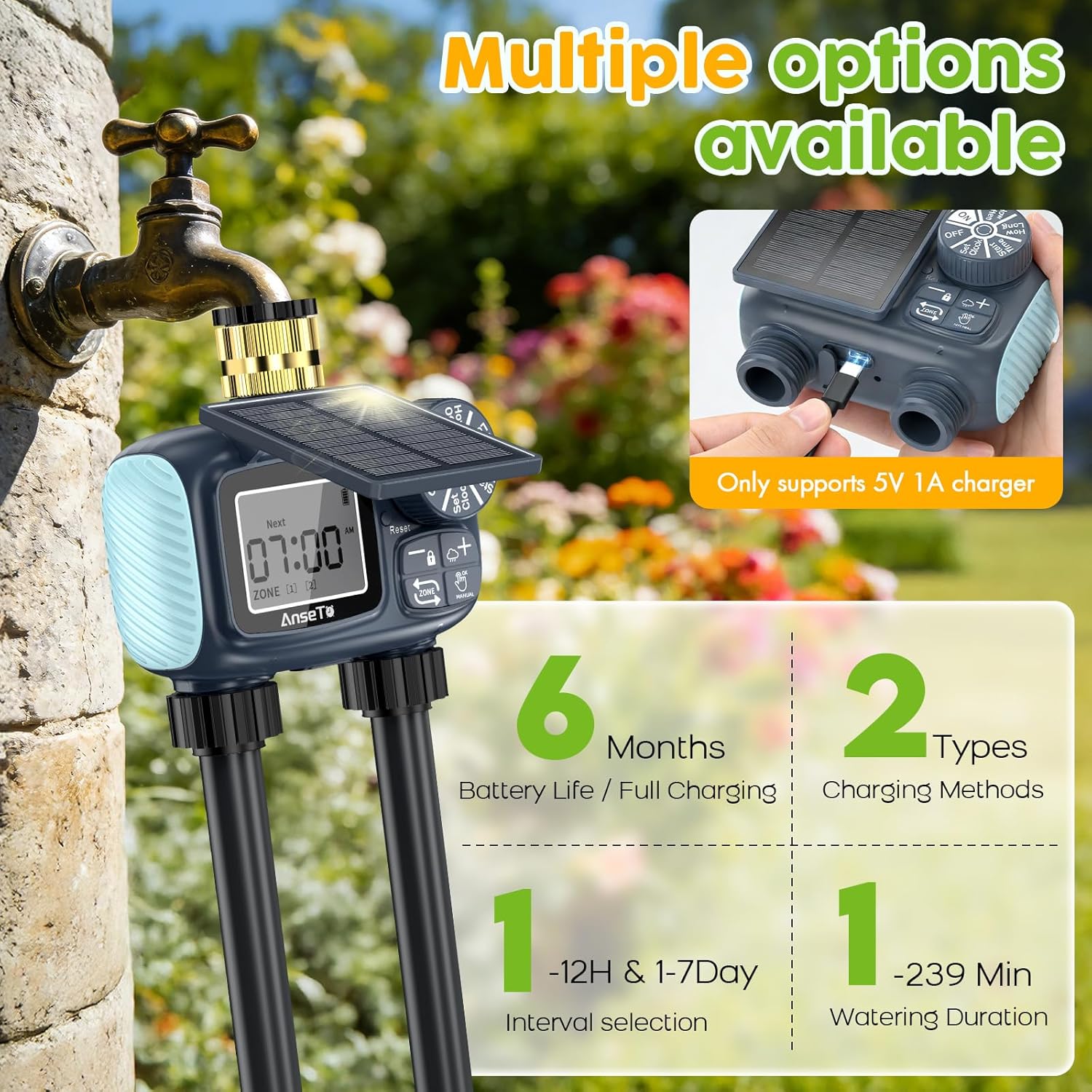 Detalle 2 de AnseTo Timer di Irrigazione Solare con 2 Uscite e pannello regolabile, ricarica USB-C