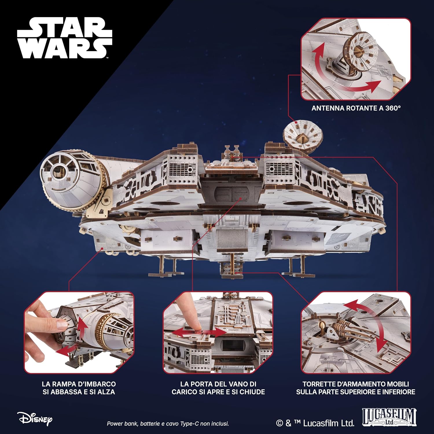 Detalle de UGEARS Millennium Falcon Puzzle 3D in Legno – Modellino da Costruire per Adulti con LED (1235 pezzi)