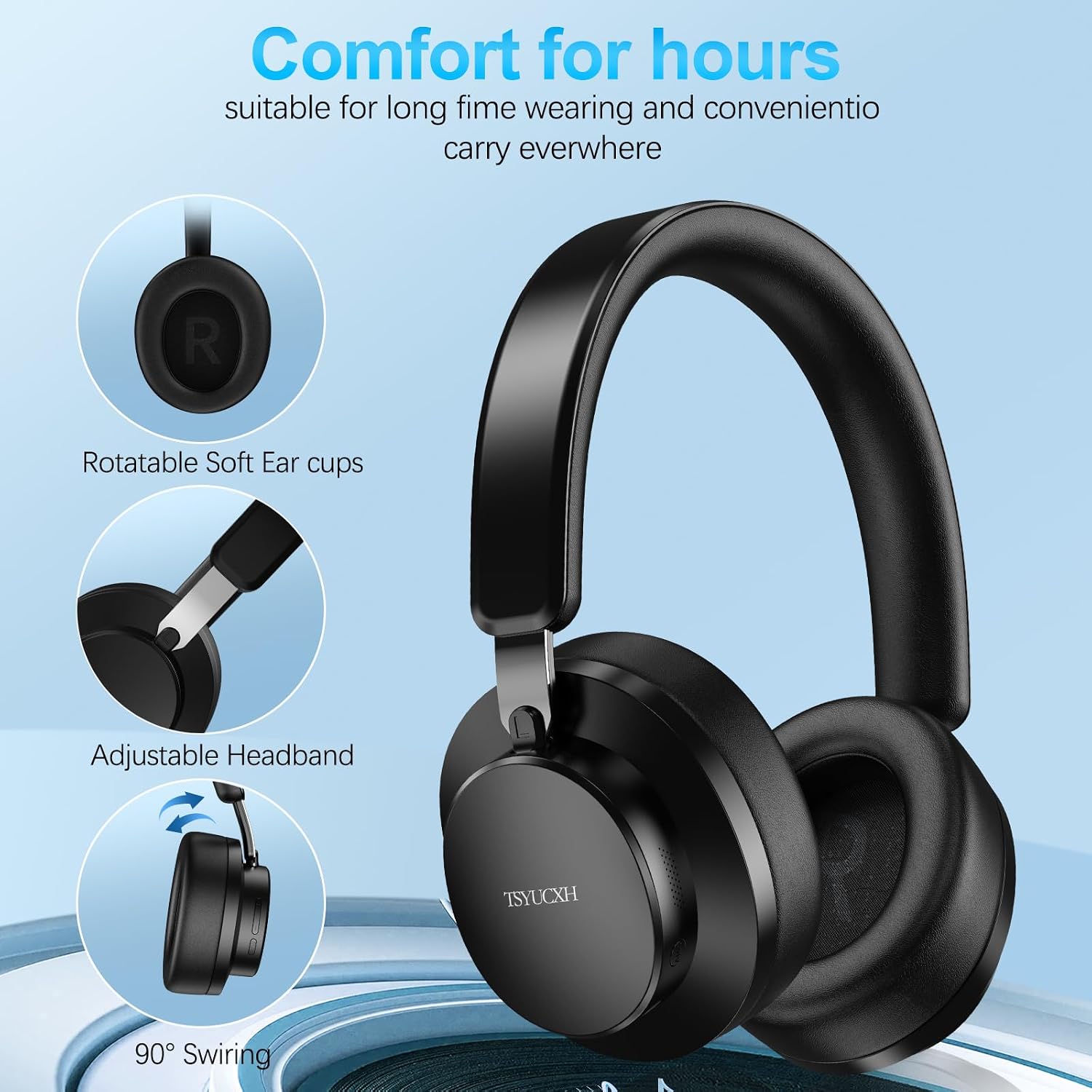 Detalle de Noise Cancelling Wireless Bluetooth Over-Ear Headphones with Microphone (Black) – 65h Playtime
