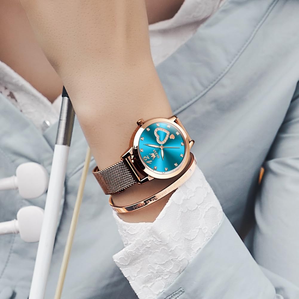Detalle 1 de OLEVS Montre pour Femme Or Rose avec cœur Diamant – étanche 30 m, cadran cœur et mouvement quartz japonais