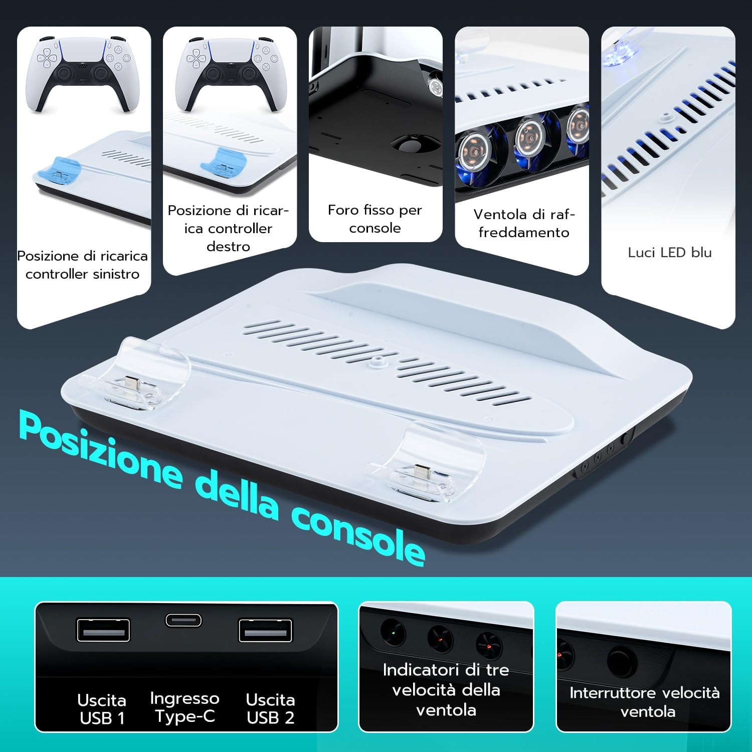 Thumbnail 3 de Tolesum supporto verticale per PS5 Slim/Pro/Disc con ventola e base di ricarica USB per 2 controller