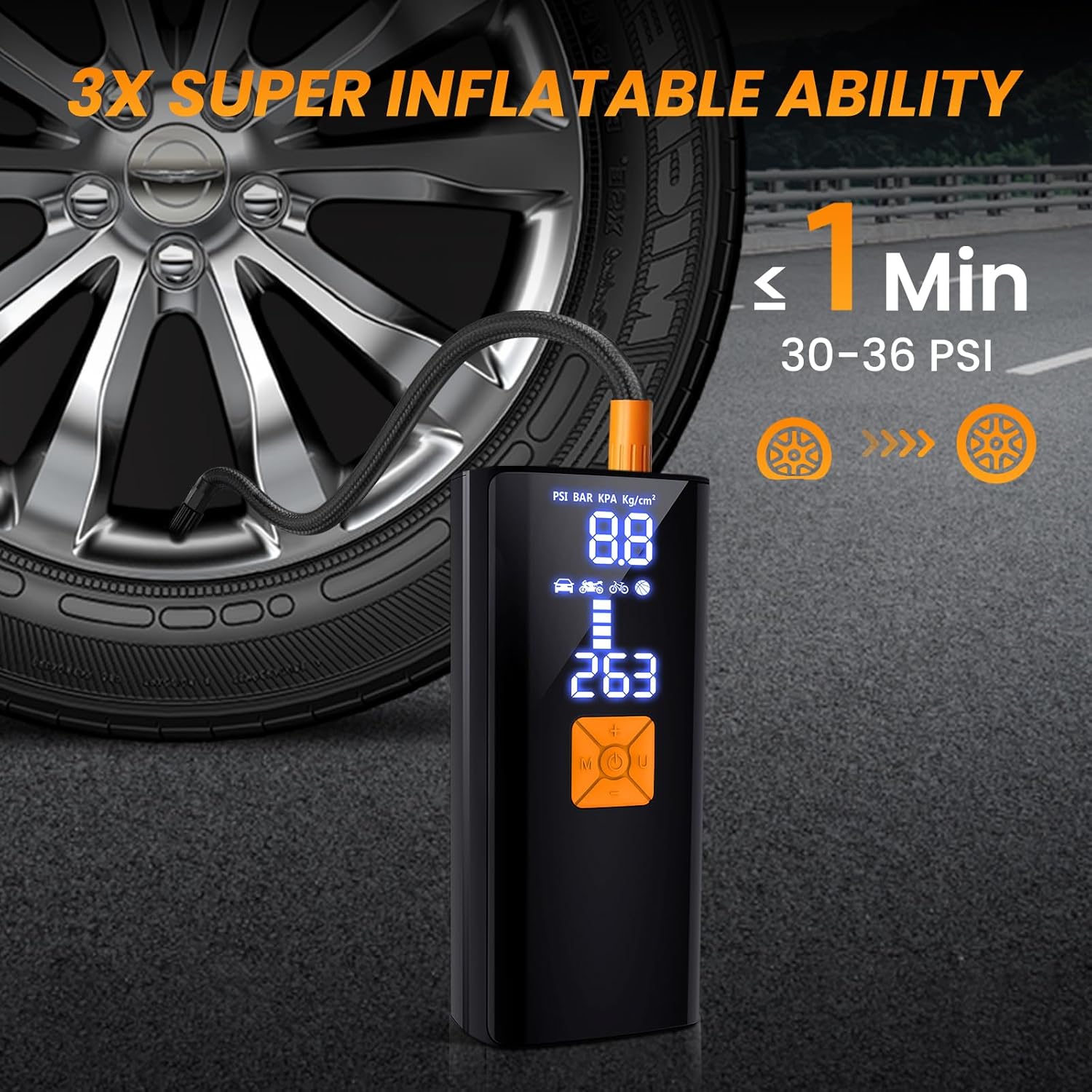 Detalle de Tyre Inflator Portable Air Compressor with 20000mAh Battery and 150PSI – Cordless Car, Motorcycle, Bike and Ball Pump (Raven Black)