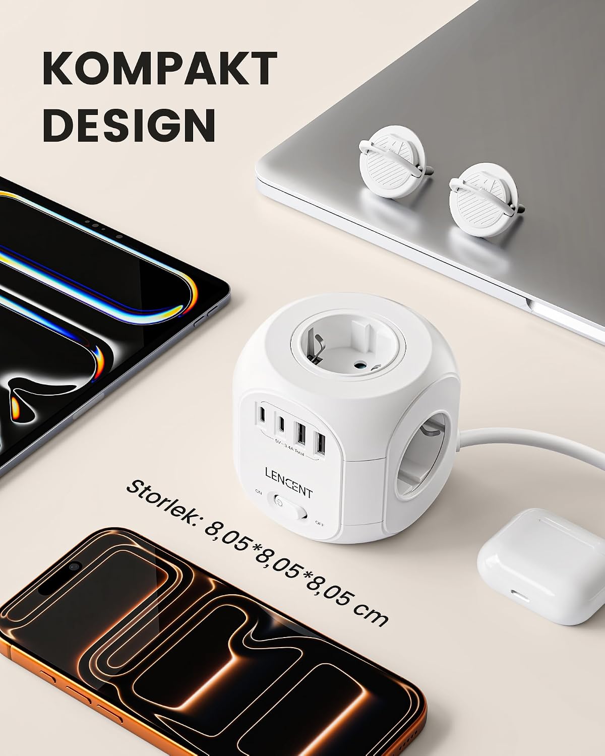 Detalle de LENCENT SL-805E-F-10M grenuttag med 10 m kabel, 4 uttag och USB-C