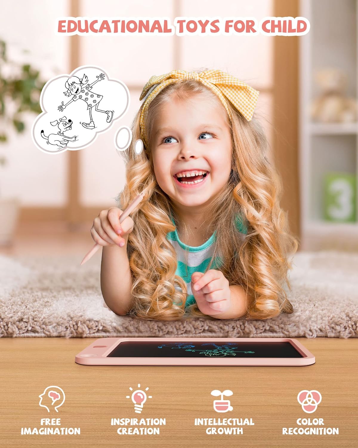 Detalle de 10-Inch LCD Writing Tablet (Pink) for Ages 3–12, Colorful Doodle Board With Stylus & Lanyard