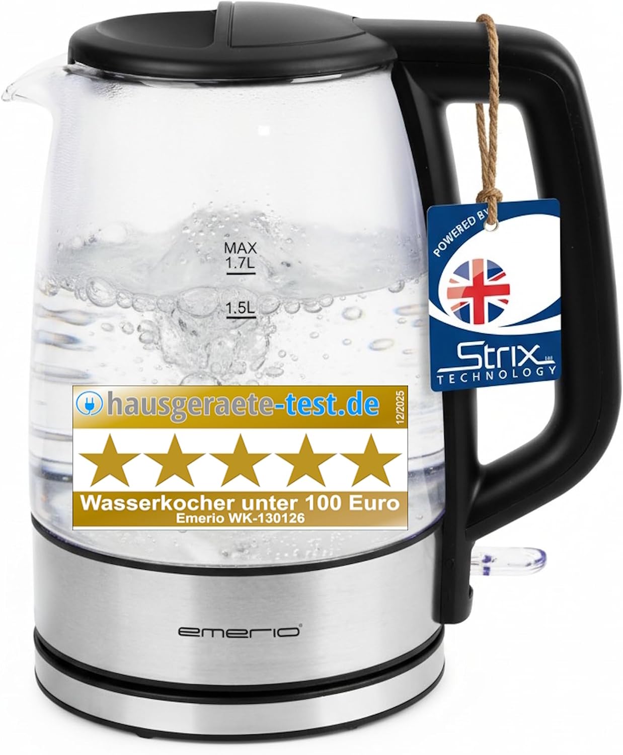 Detalle de EMERIO Glas Wasserkocher 1,7 l – 2200 W, blaue LED-Innenbeleuchtung, 360°-Basis, Auto Off – Preis-Leistung ausgezeichnet