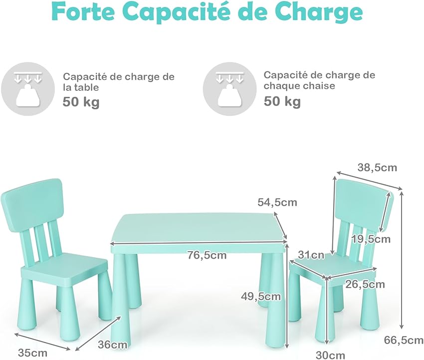 Thumbnail 4 de Table enfant COSTWAY avec 2 chaises, 50 kg 📐