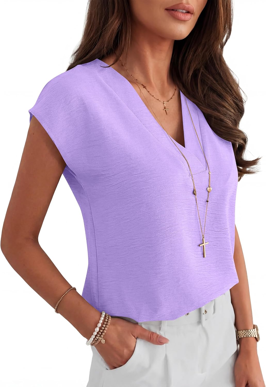 Thumbnail 4 de ANRABESS Women Cap Sleeve V Neck Dressy Casual Blouse – 2026 Summer Workwear