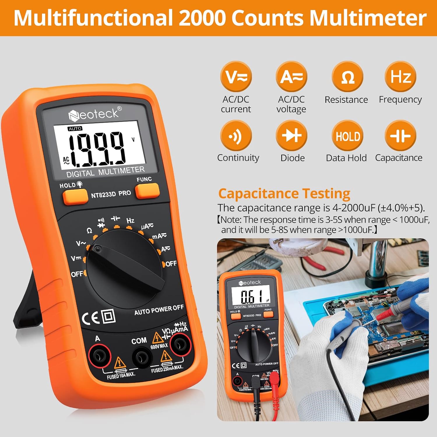 Detalle de Neoteck 8233D PRO Auto-Ranging Digital Multimeter, 2000 Count, Backlit LCD