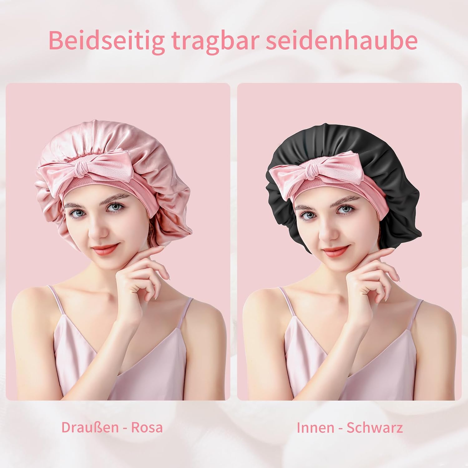 Detalle de SILMANA Seidenhaube zum Schlafen – 100% Maulbeerseide, 22 Momme, doppellagig, rosa