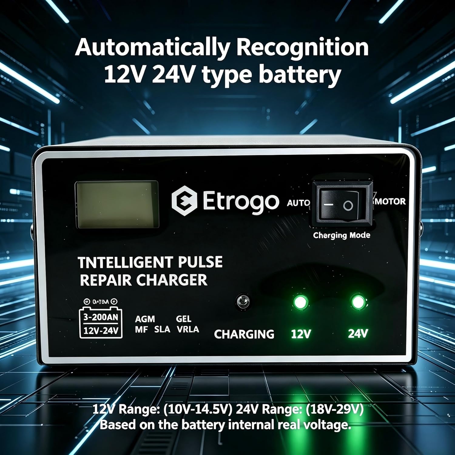 Thumbnail 3 de Etrogo Intelligentes 12/24V Autobatterieladegerät 15A – 5-Stufen-Pulslader mit LED-Balkenanzeige
