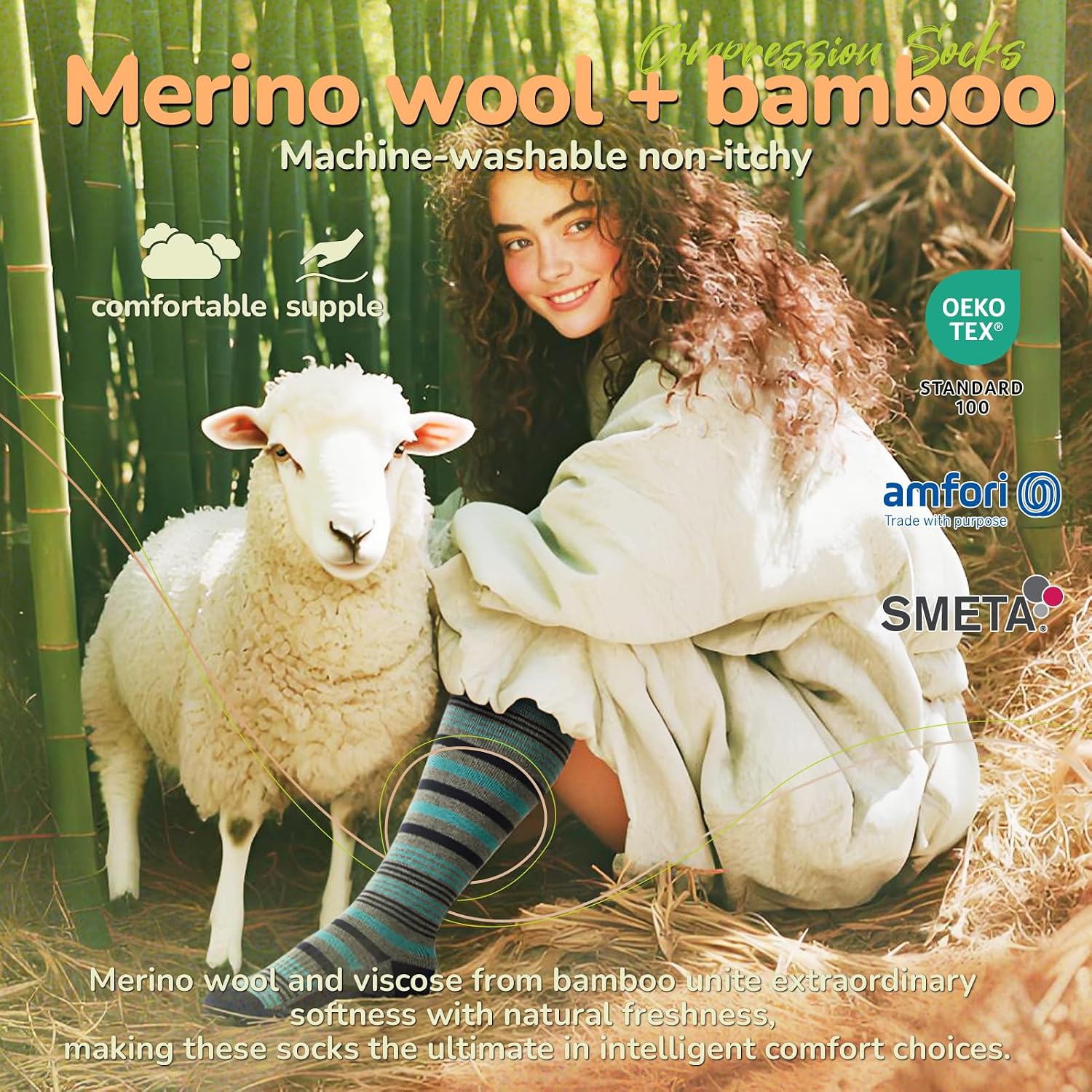 Detalle 2 de Iambamboo Merino Wool Compression Socks, 15-20 mmHg, Breathable Unisex