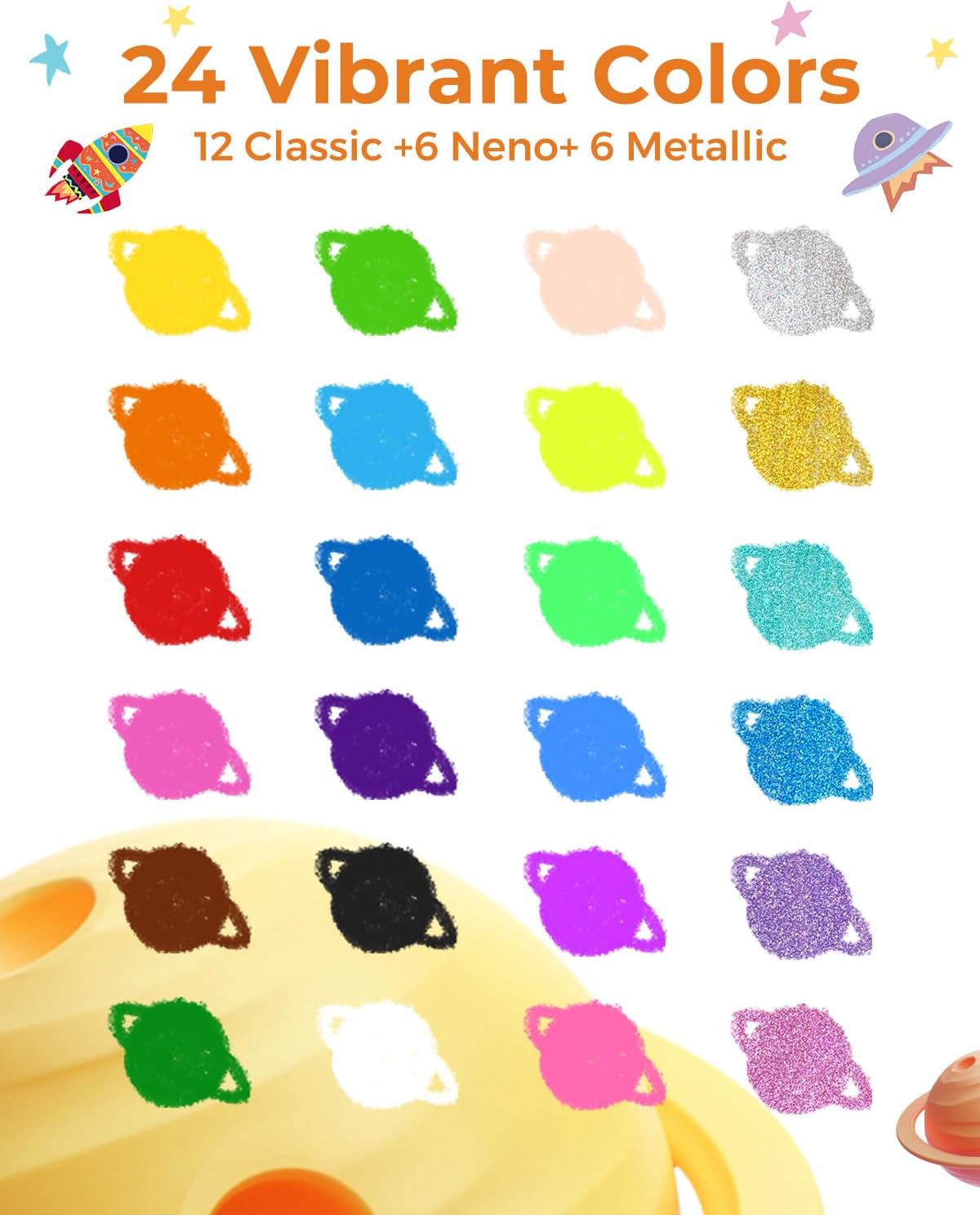 Detalle 2 de JUPITEARTH 24 Colour Twistable Rocket Crayons (non-toxic, washable) for toddlers 1–3 with storage tub