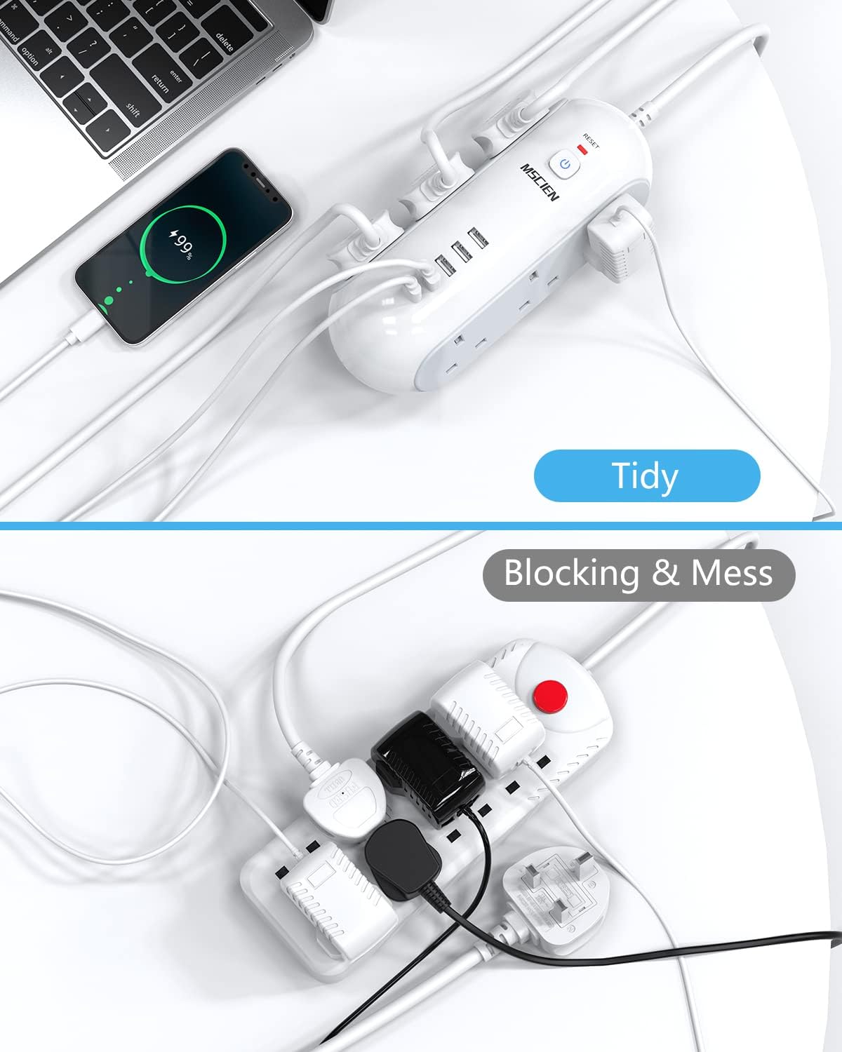 Detalle de Mscien 6-Gang Extension Lead with 3M Cable and 5 USB Ports (Surge Protection up to 3250W)