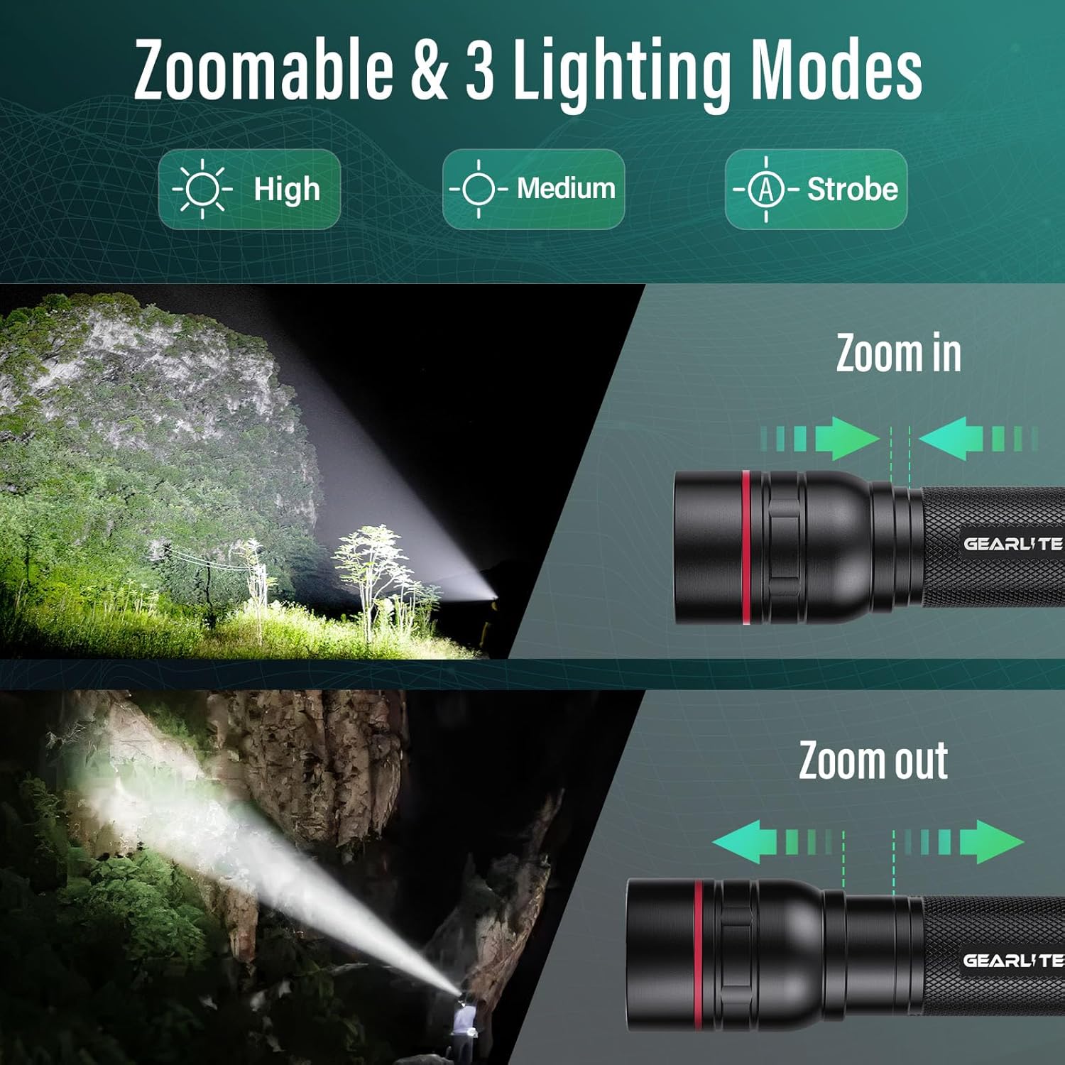 Detalle de GEARLITE Taschenlampe LED Aufladbar – 2000 Lumen, kompakt, IP65, USB‑C Aufladung