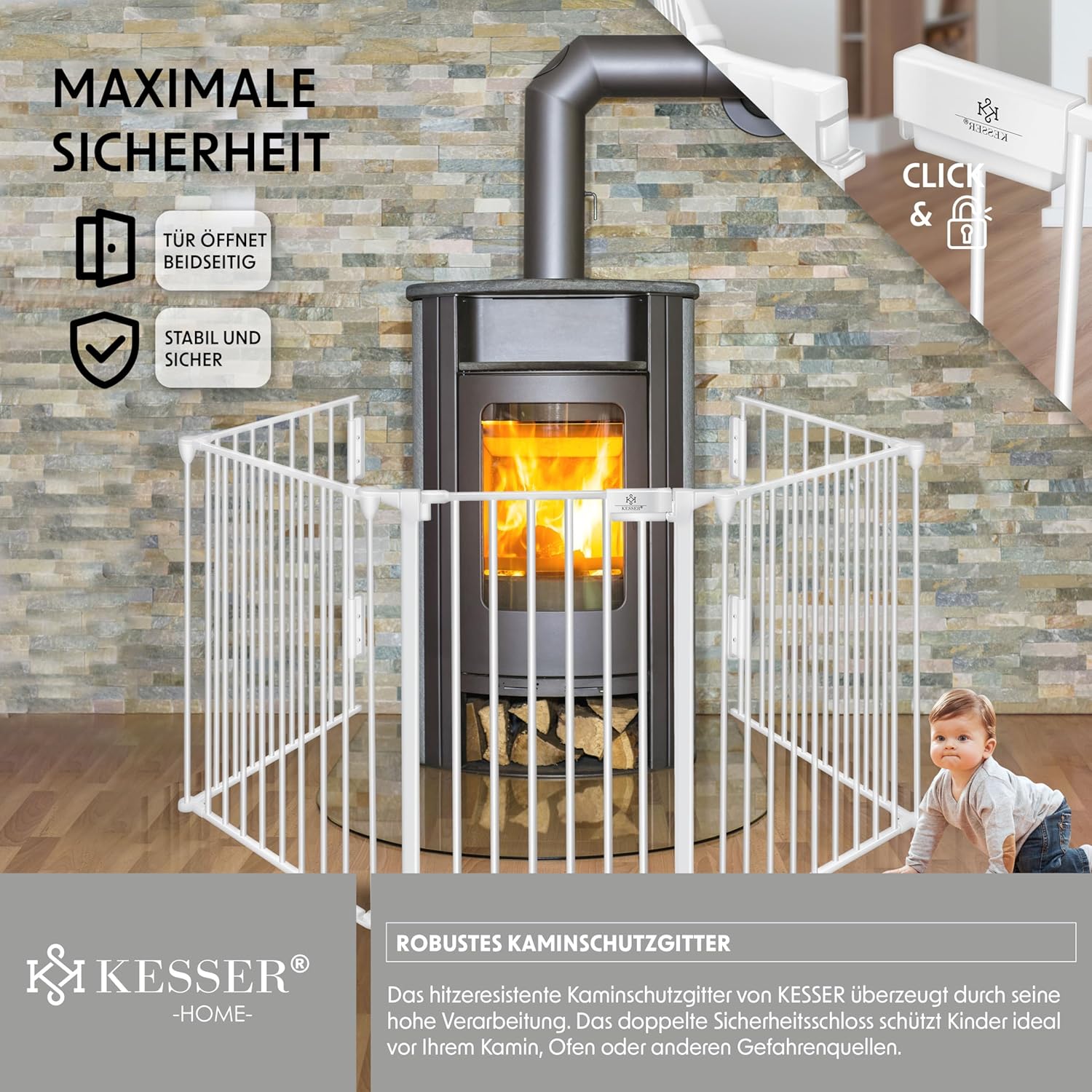 Thumbnail 6 de KESSER Kaminschutzgitter mit Tür 305 cm – stabiles Metallgitterset (5 Teile) mit Tür, Weiß