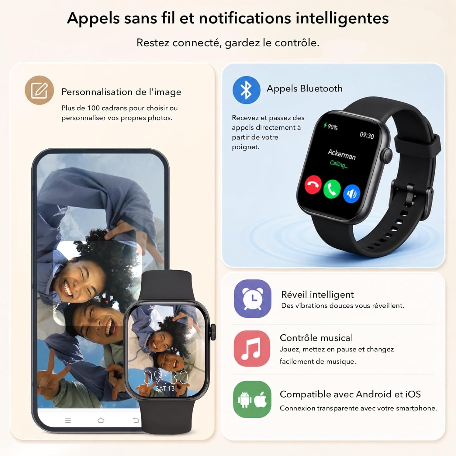 Detalle de AOYBWK Montre Connectée – Écran 1,85'' HD, Appels Bluetooth et Santé pour Android et iOS