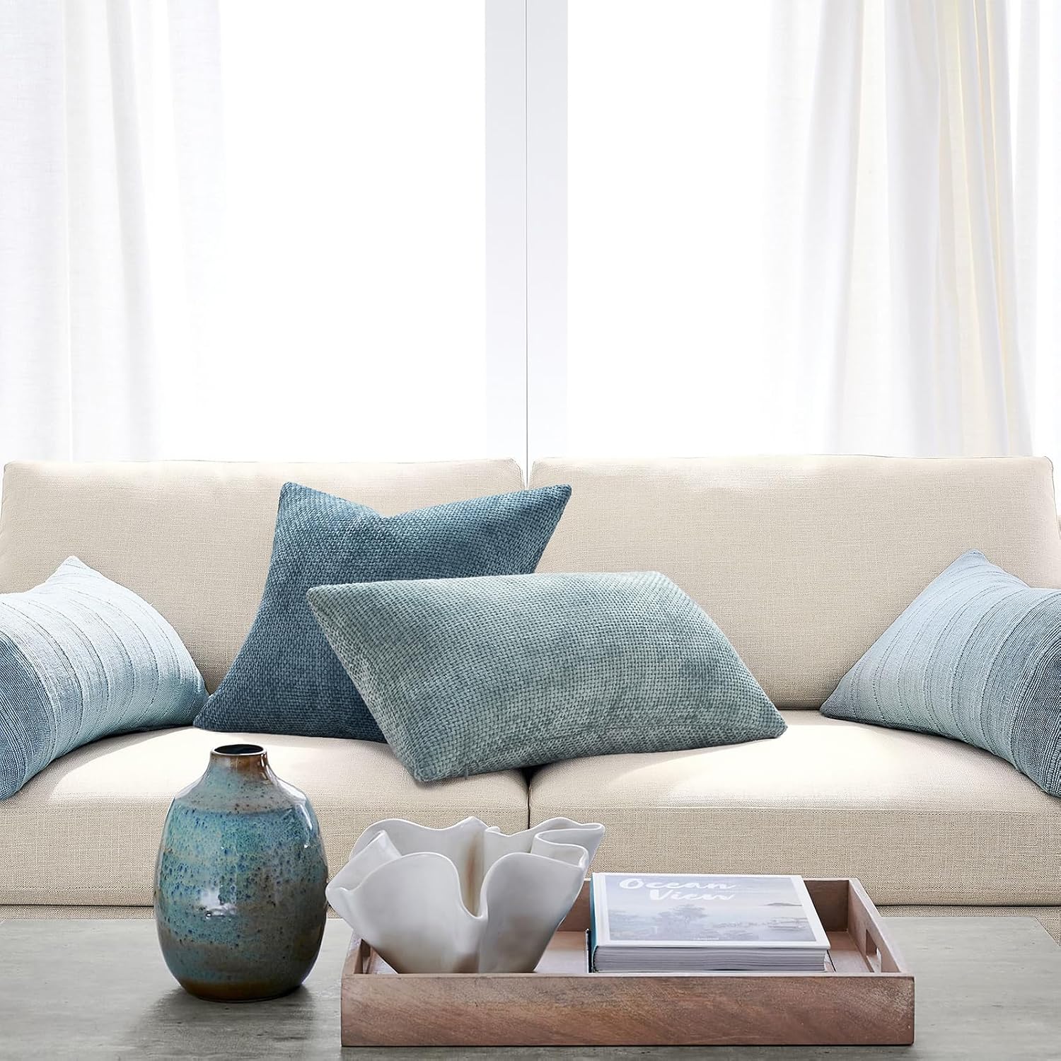 Detalle de Topfinel Kissenbezug 30x50 Blau im 4er-Set Chenille (Rattan-Webstil) mit waschbarem Bezug