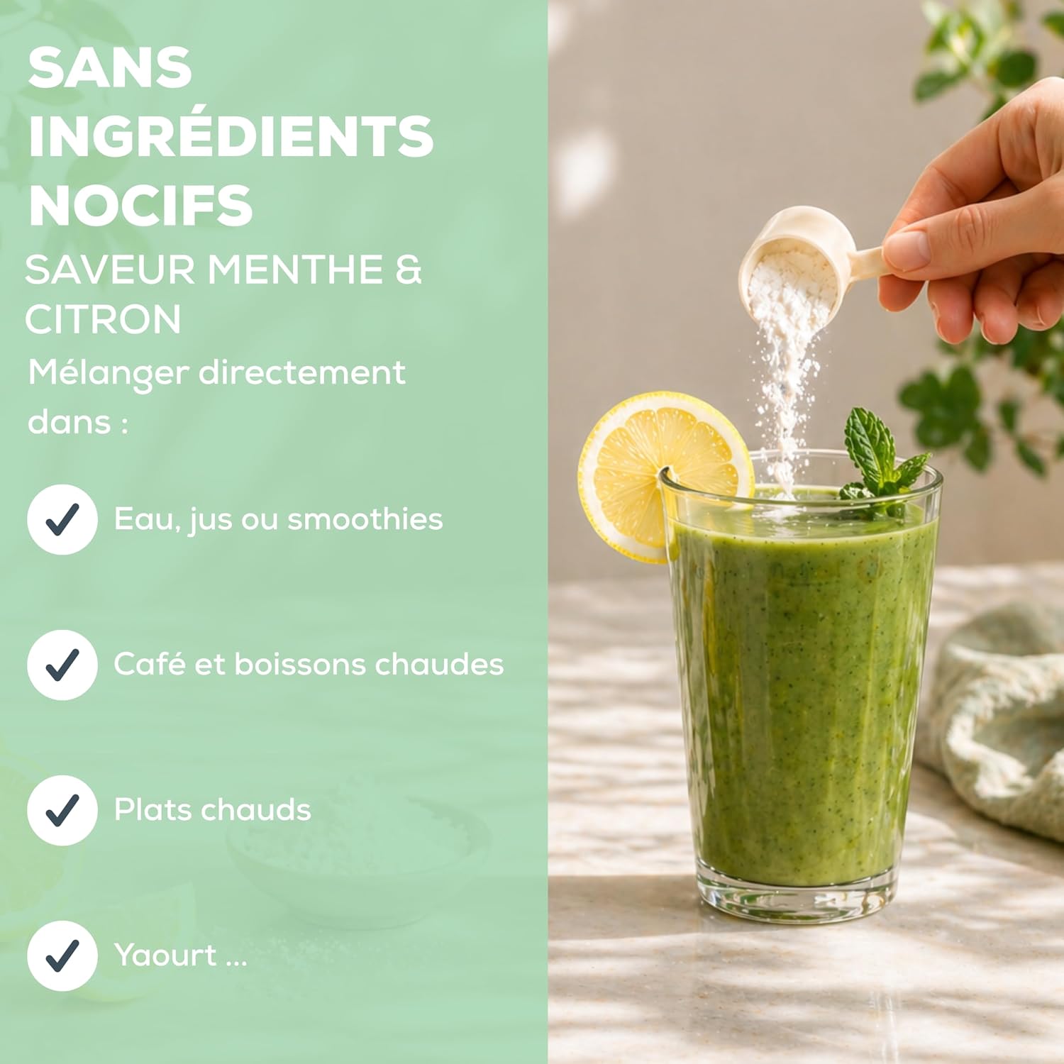 Detalle de Collagène Marin Naticol® en poudre – Menthe-Citron, 300 g (60 doses) — Fabriqué en France, pour peau, articulations et récupération musculaire