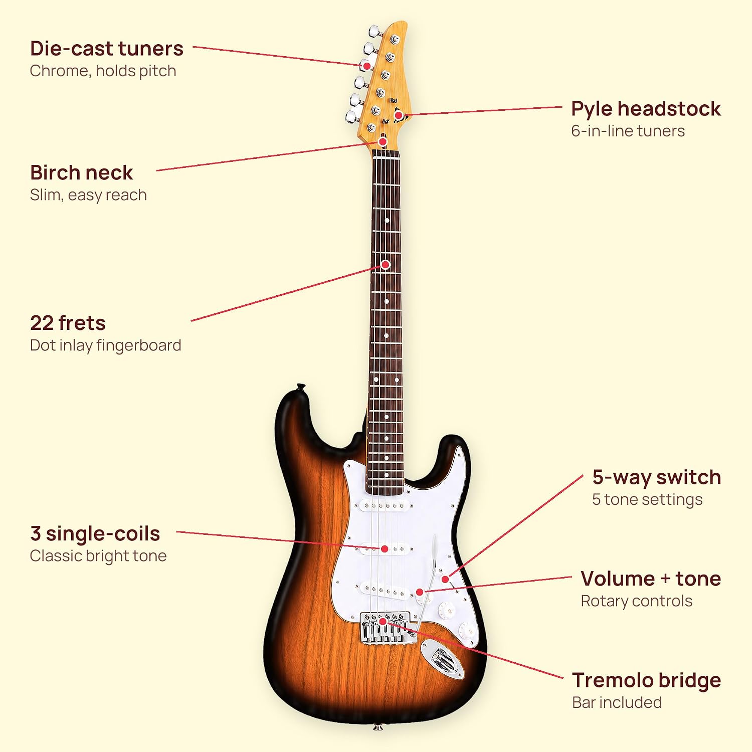 Detalle 2 de Pyle PEGKT400NB Full-Size Electric Guitar Kit, 5W Amp, Natural Burst
