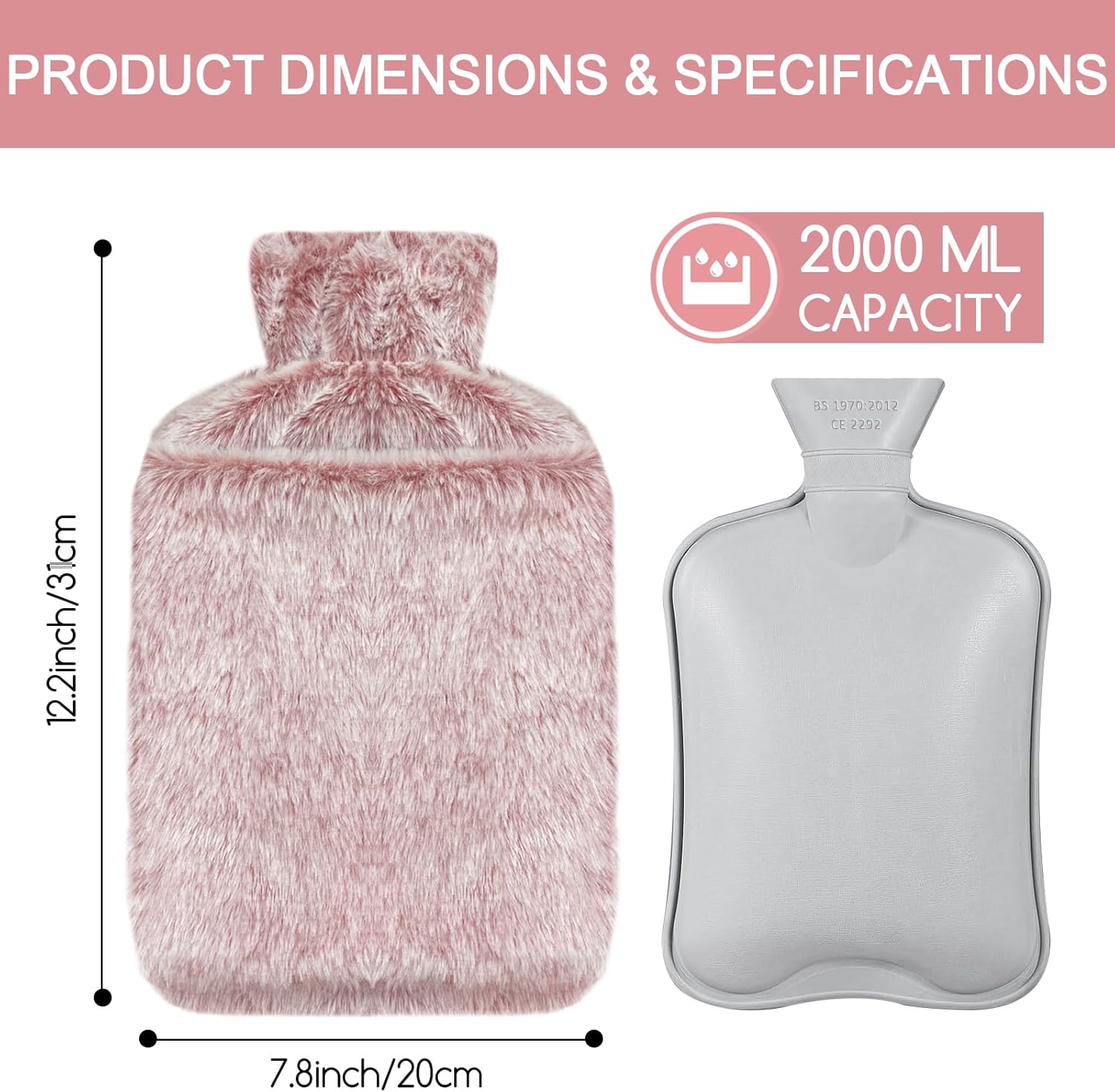 Thumbnail 2 de Jsdoin 2L Hot Water Bottle with Luxury Faux Fur Cover (Pink) – leakproof warm-up for neck, shoulders and feet