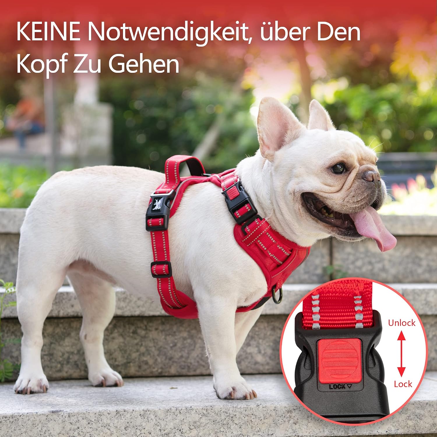 Detalle 2 de PoyPet Hundegeschirr ohne Zug mit Reflexion, weich gepolstert und verstellbar (Rot, Größe M)