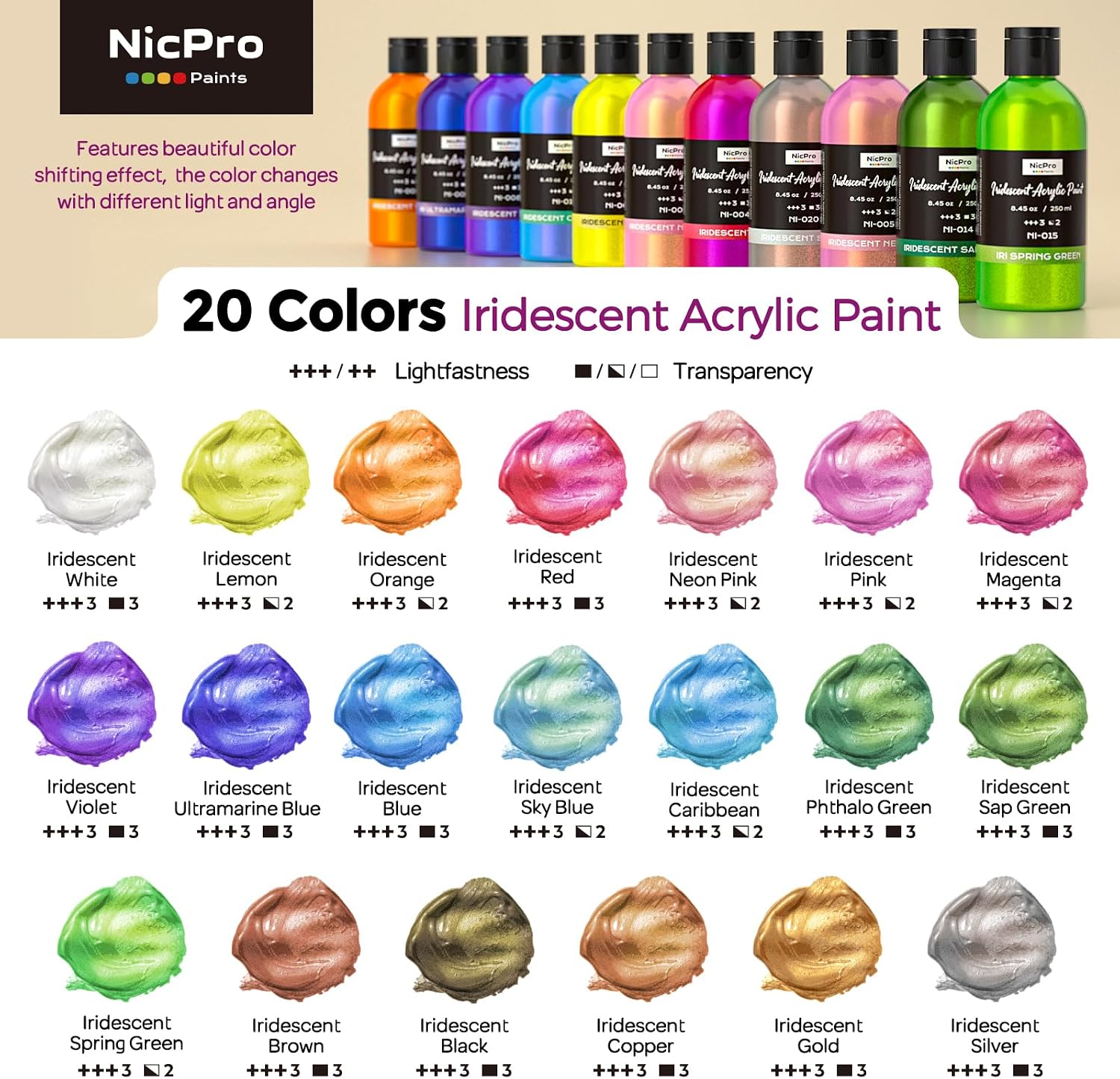Detalle de Nicpro 20 Farben irisierend Acrylfarbe – 20 × 250 ml Bulk-Set mit Farbwechsel, ungiftig und vielseitig einsetzbar