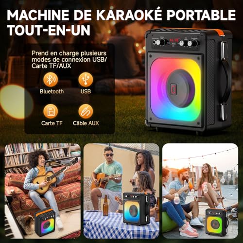 Detalle de HWWR Enceinte Karaoke 2 Micro sans Fil 60W – Système tout-en-un avec LEDs, TWS et autonomie longue