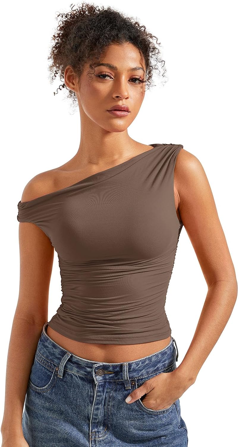 Detalle de SUUKSESS Women's Off-Shoulder Crop Top, Double-Lined 4-Way Stretch