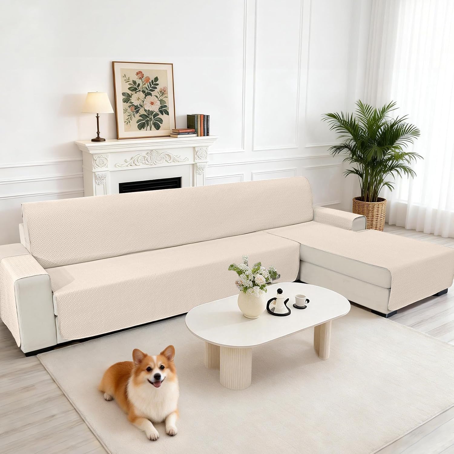 Detalle de CYCMACO Copridivano 2 Posti con Penisola – Copri Divano Chaise Longue Impermeabile Beige