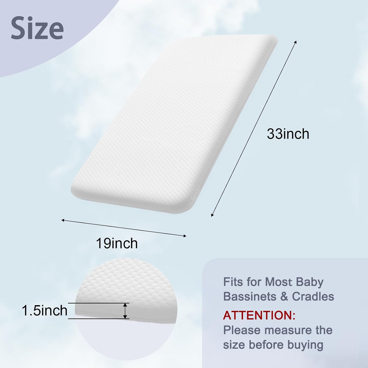 Detalle de Lisara BS-01 Bassinet Mattress, 33 x 19 Inch Gel Memory Foam