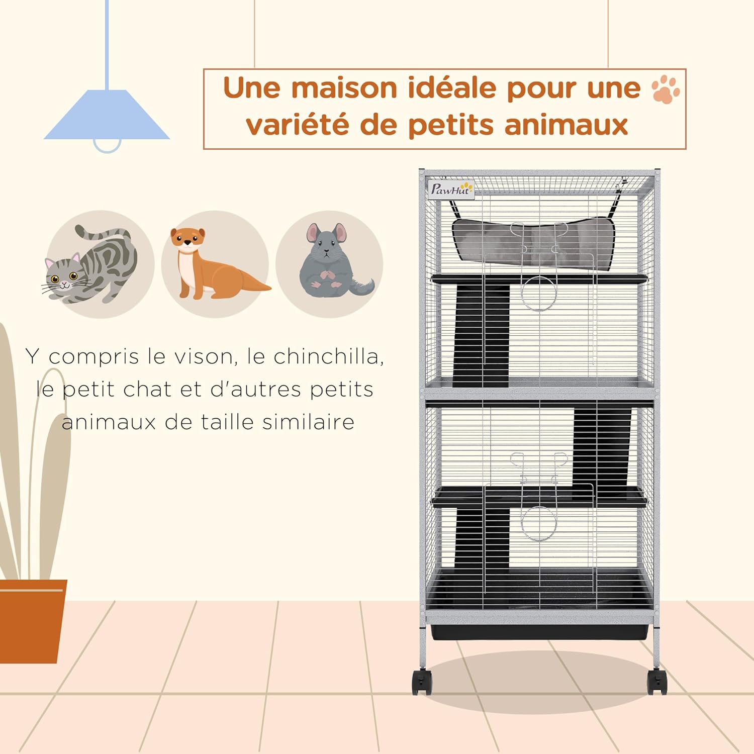 Detalle de PawHut Cage pour Petits Animaux Portable à 4 Niveaux – Cage Chinchilla/Furet 52 x 52 x 113,5 cm, Blanc