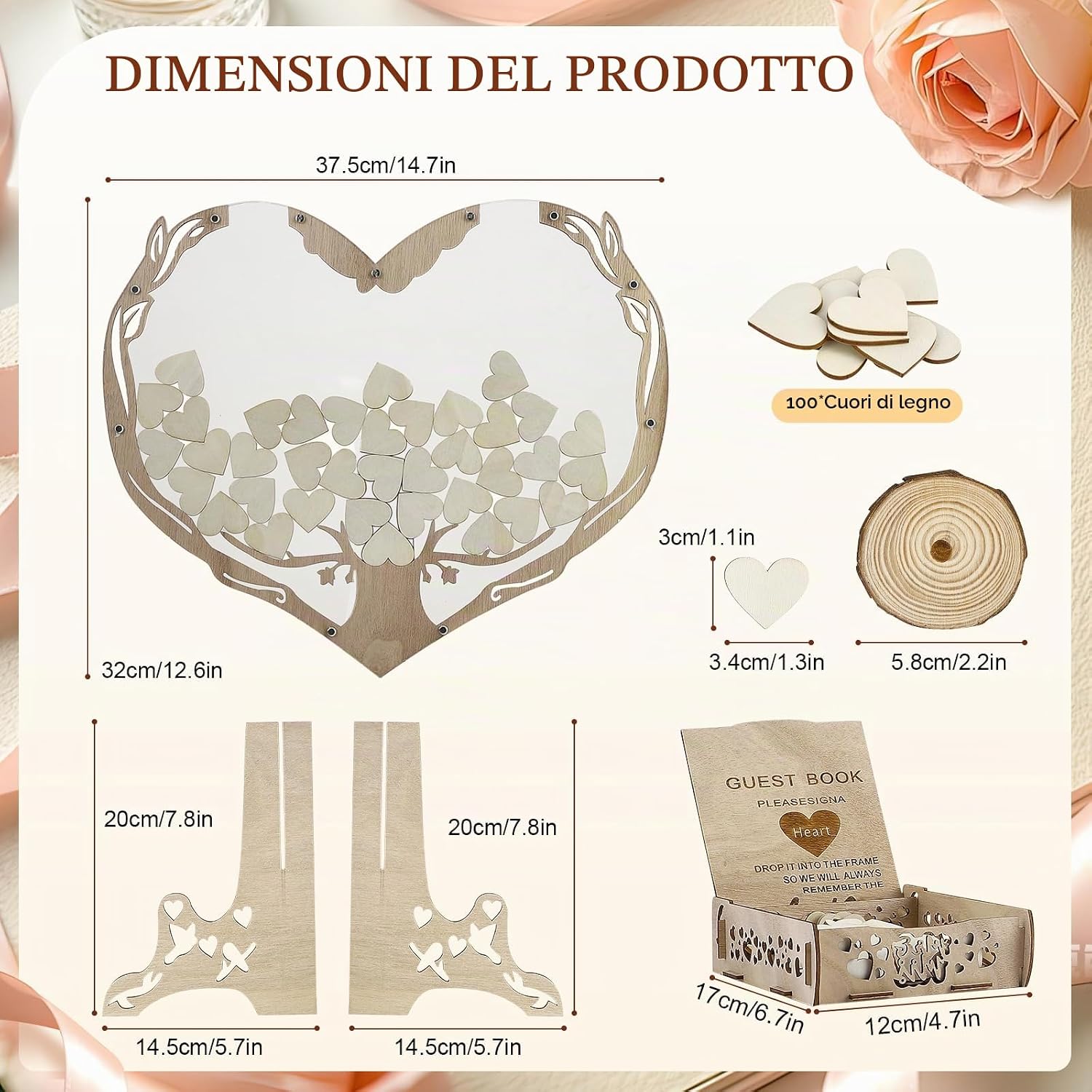Thumbnail 1 de Eirolace Set Decorazioni Matrimonio Cuore in Legno: 100 Cuori, Scatola Portaoggetti e Libro degli Ospiti