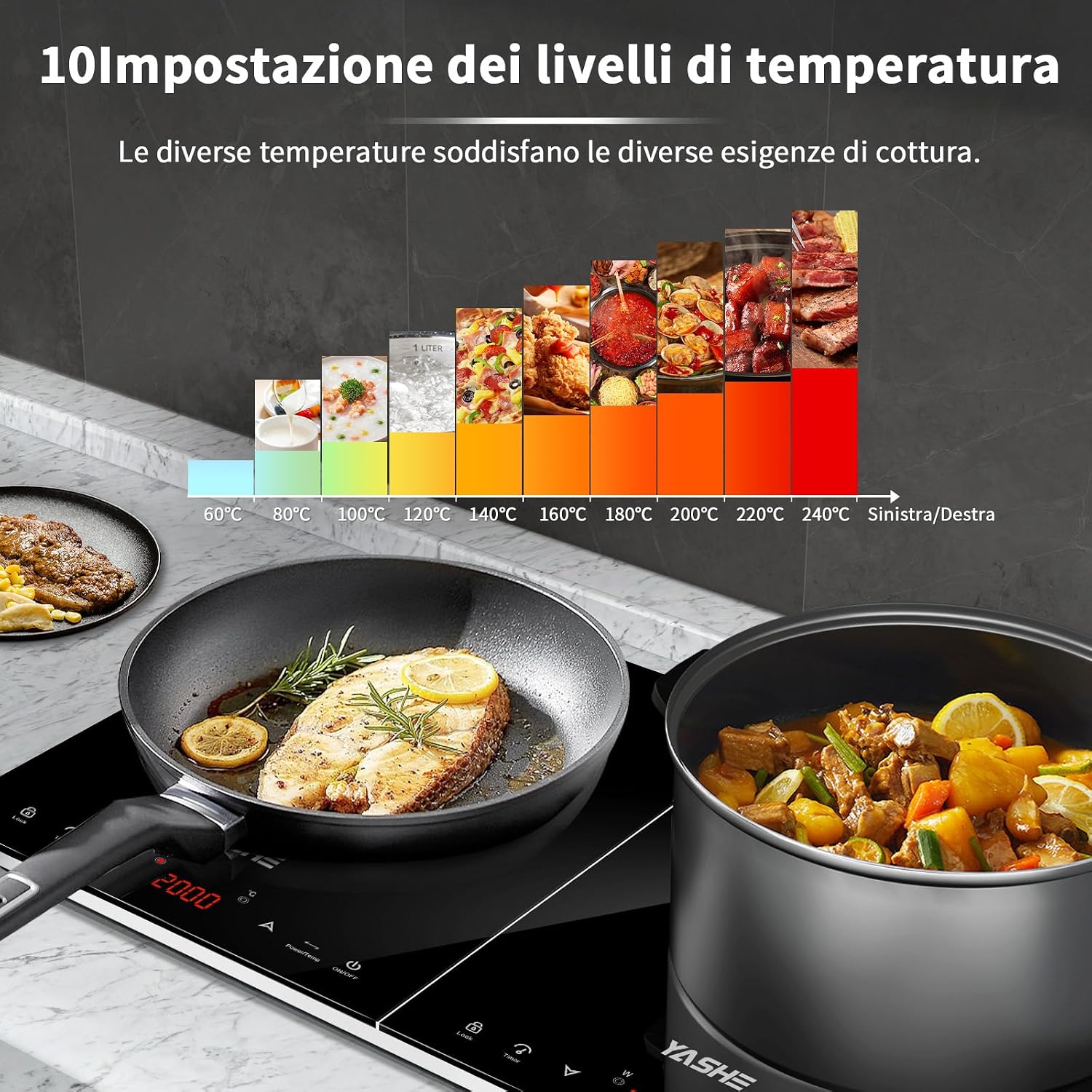 Detalle de YASHE Piastra a Induzione Doppia 3500W: due zone indipendenti, controllo touch e display LED