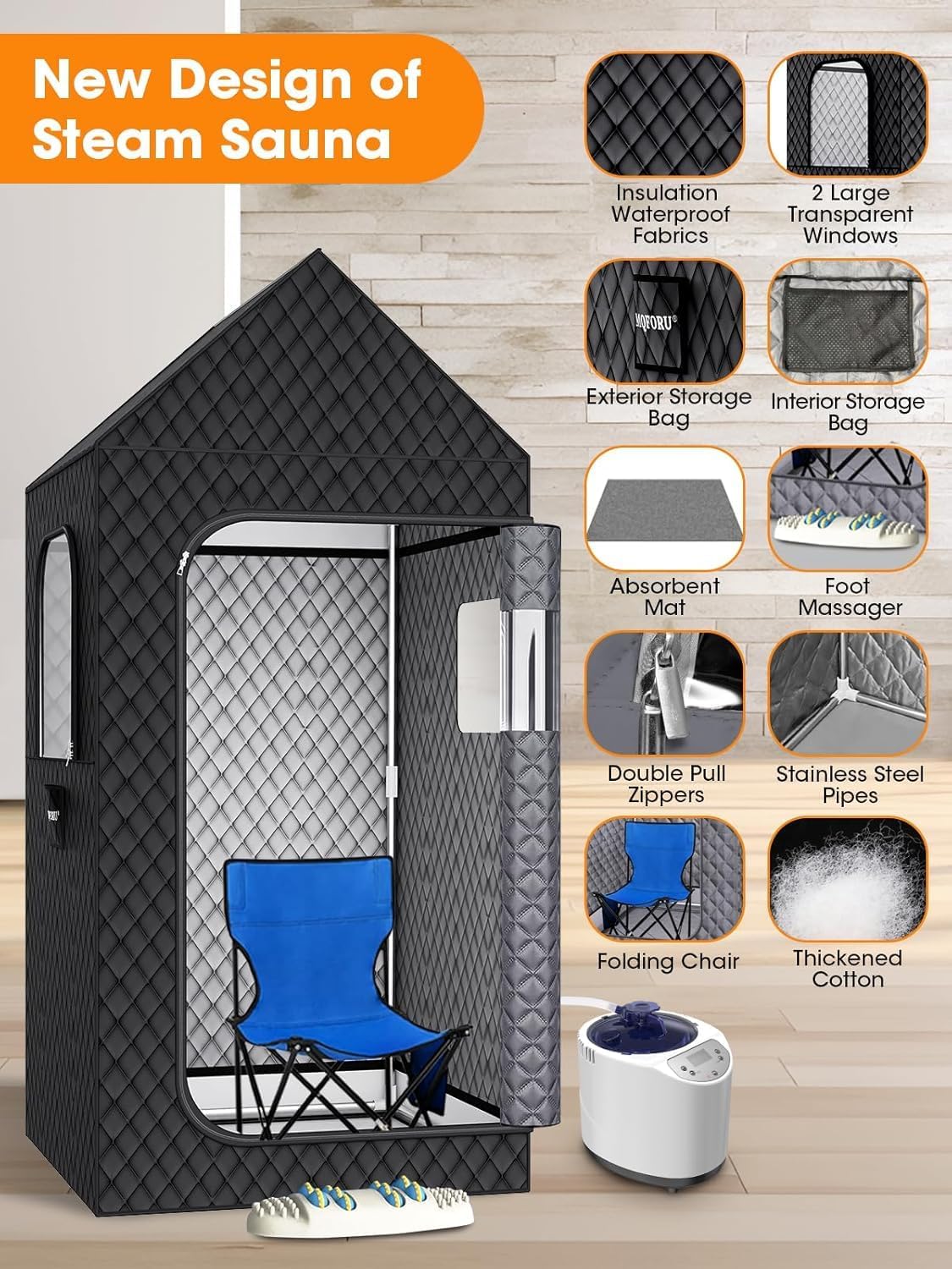 Thumbnail 4 de MQFORU Portable Steam Sauna (195 x 90 x 90 cm) with 3L & 1200W Steamer, Remote Control, Folding Chair, Mat & Foot Massager
