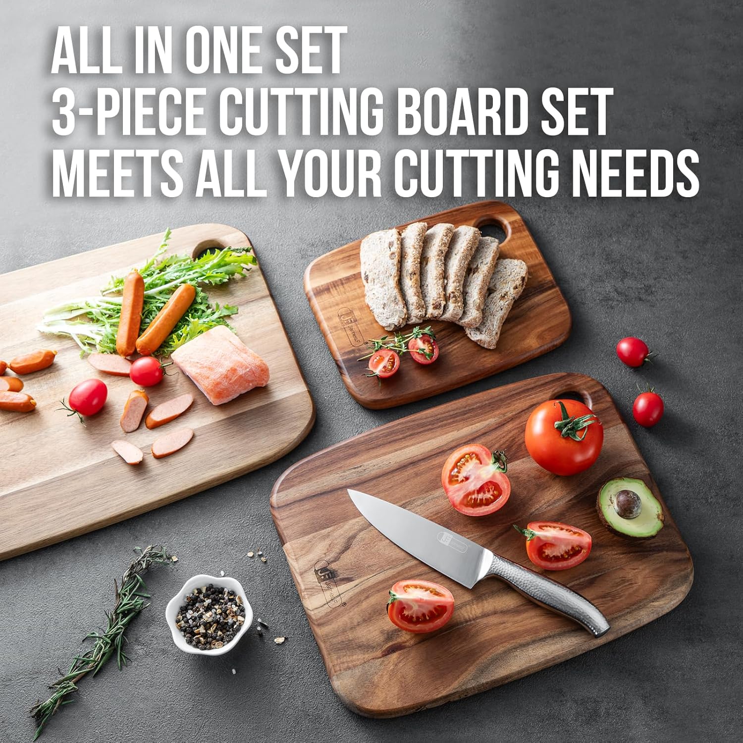 Detalle de Solid Acacia Wood Chopping Board Set of 3 (Non-Toxic) – Heavy Duty Wooden Cutting Boards with Hanging Holes