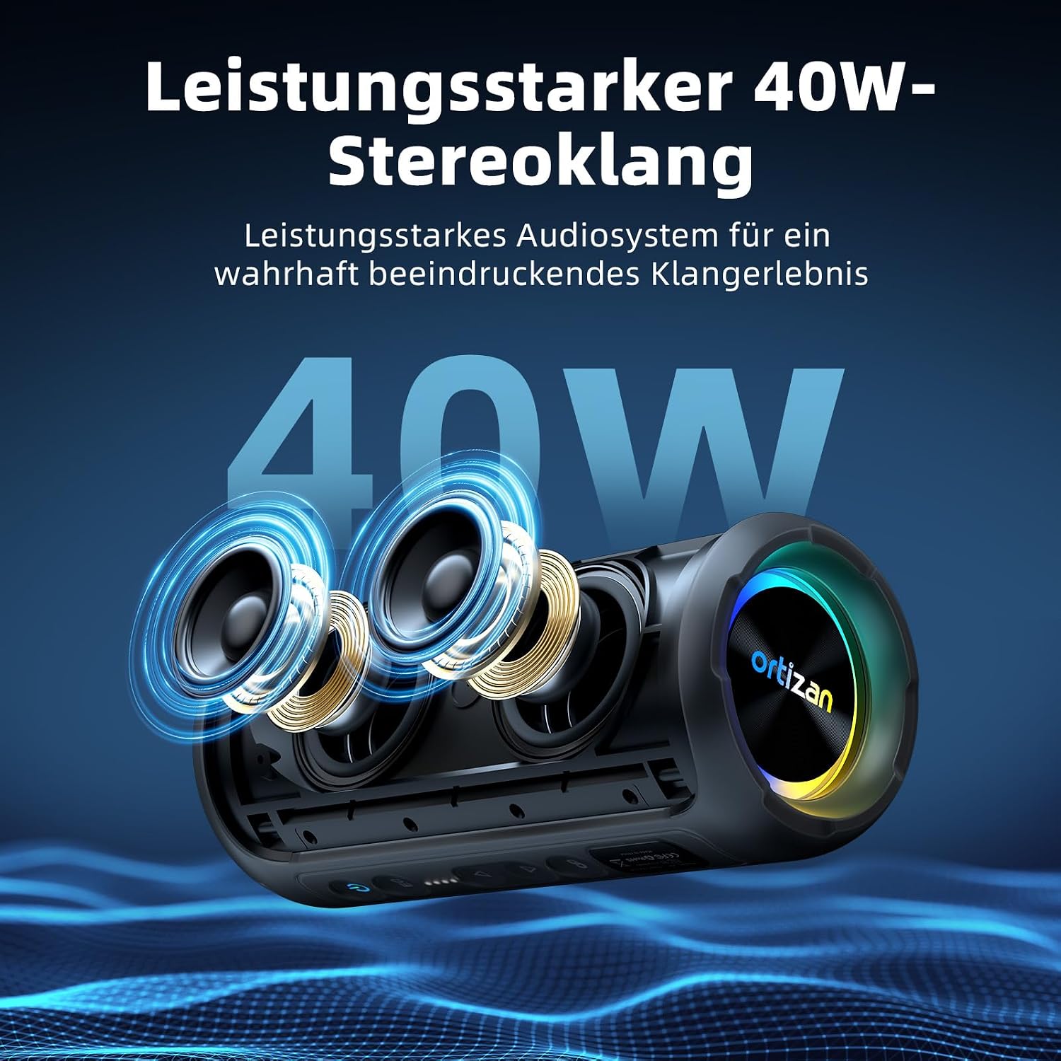 Detalle 2 de Ortizan X8 Pro 40W Bluetooth Lautsprecher: IPX7, 30 Std., RGB Licht, Freisprecheinrichtung