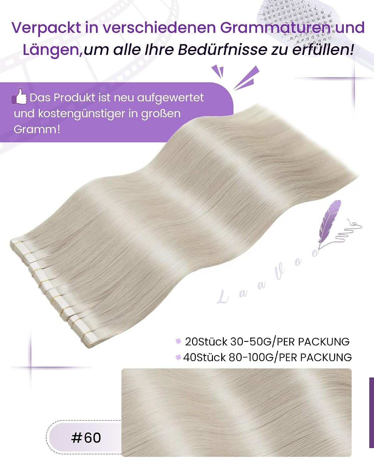 Thumbnail 2 de LaaVoo Echthaar Extensions Tape Blond – Remy Haar, 60 cm, Platinblond, 100 g, 40 Stück ( #60 )