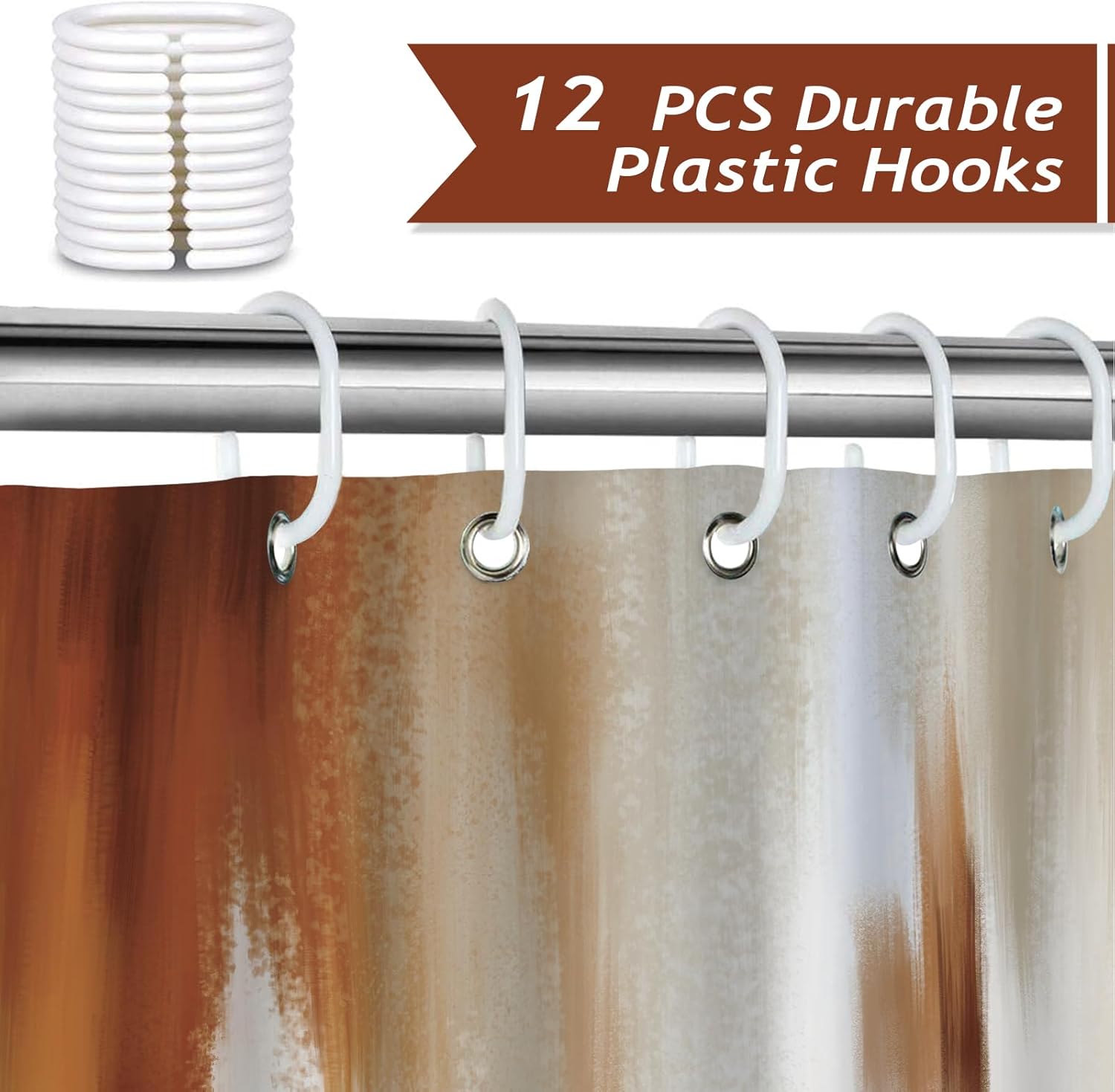 Thumbnail 2 de Bonhause Abstract Modern Shower Curtain (Brown Brush Strokes) – Waterproof polyester, 180 x 180 cm, with 12 hooks