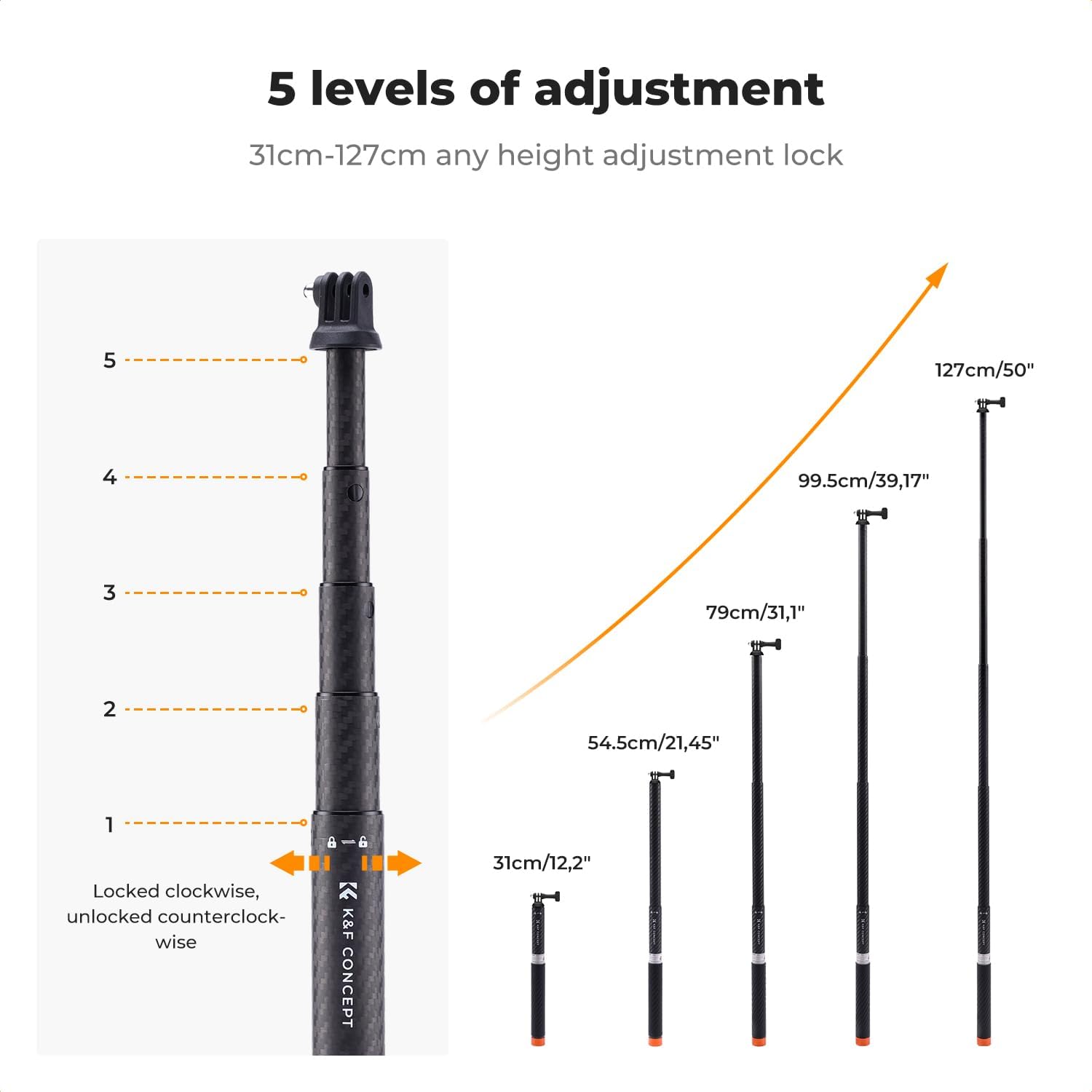 Detalle de K&F Concept MS21 Carbon Fibre Selfie Stick – 2 in 1, Invisible Design, Extendable to 120 cm