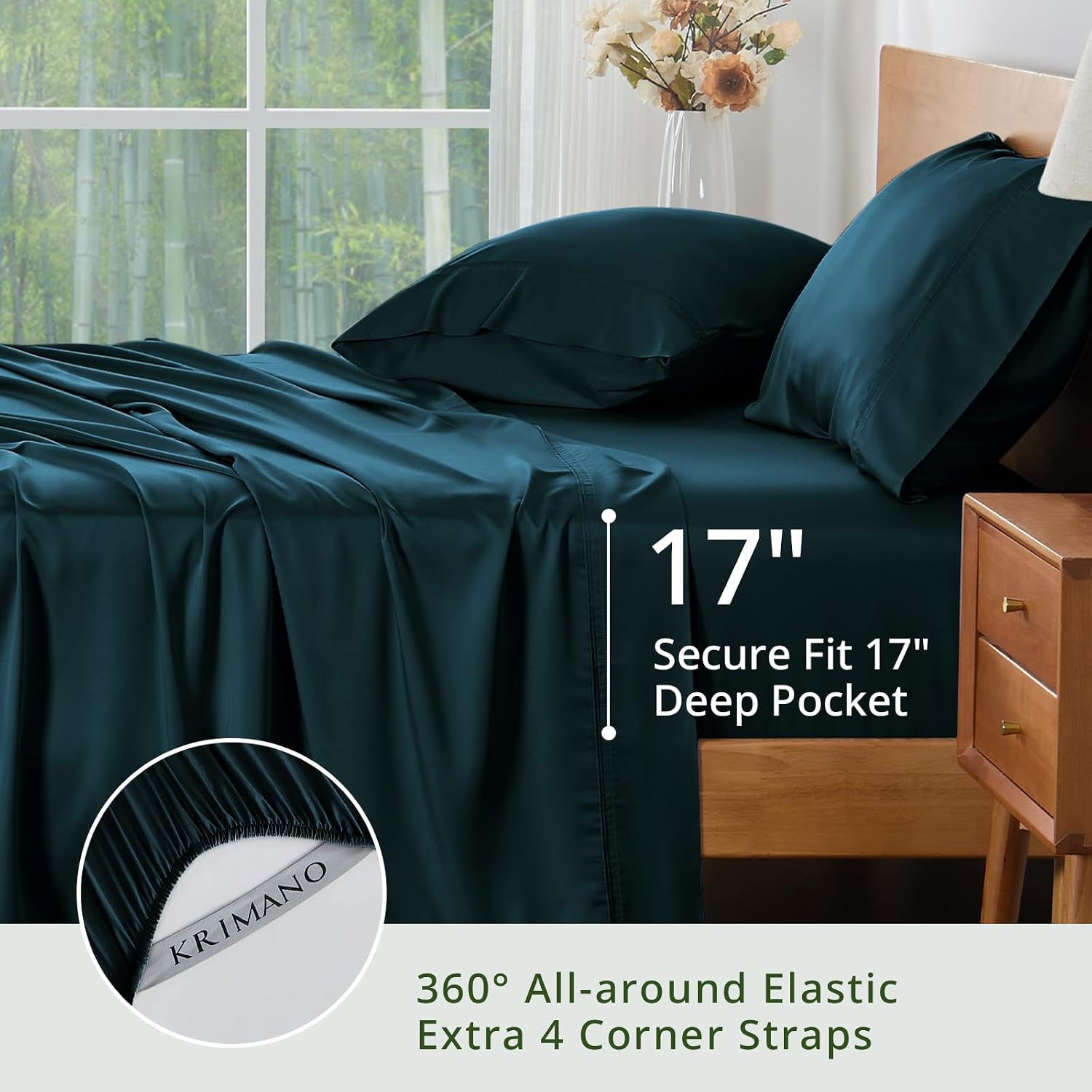 Detalle de KRIMANO King Size Sheet Set (4-Piece) – 100% Viscose Derived from Bamboo, Deep Pocket Up to 17", Navy Blue