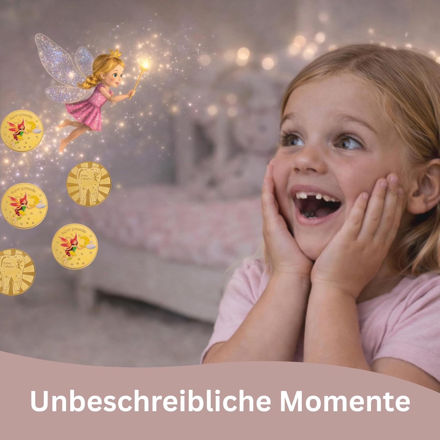 Detalle de insi Kinderzahndose für Milchzähne – personalisierbare Aufbewahrungsbox mit Geschenkbox, Lupe und Zahnfee-Brief