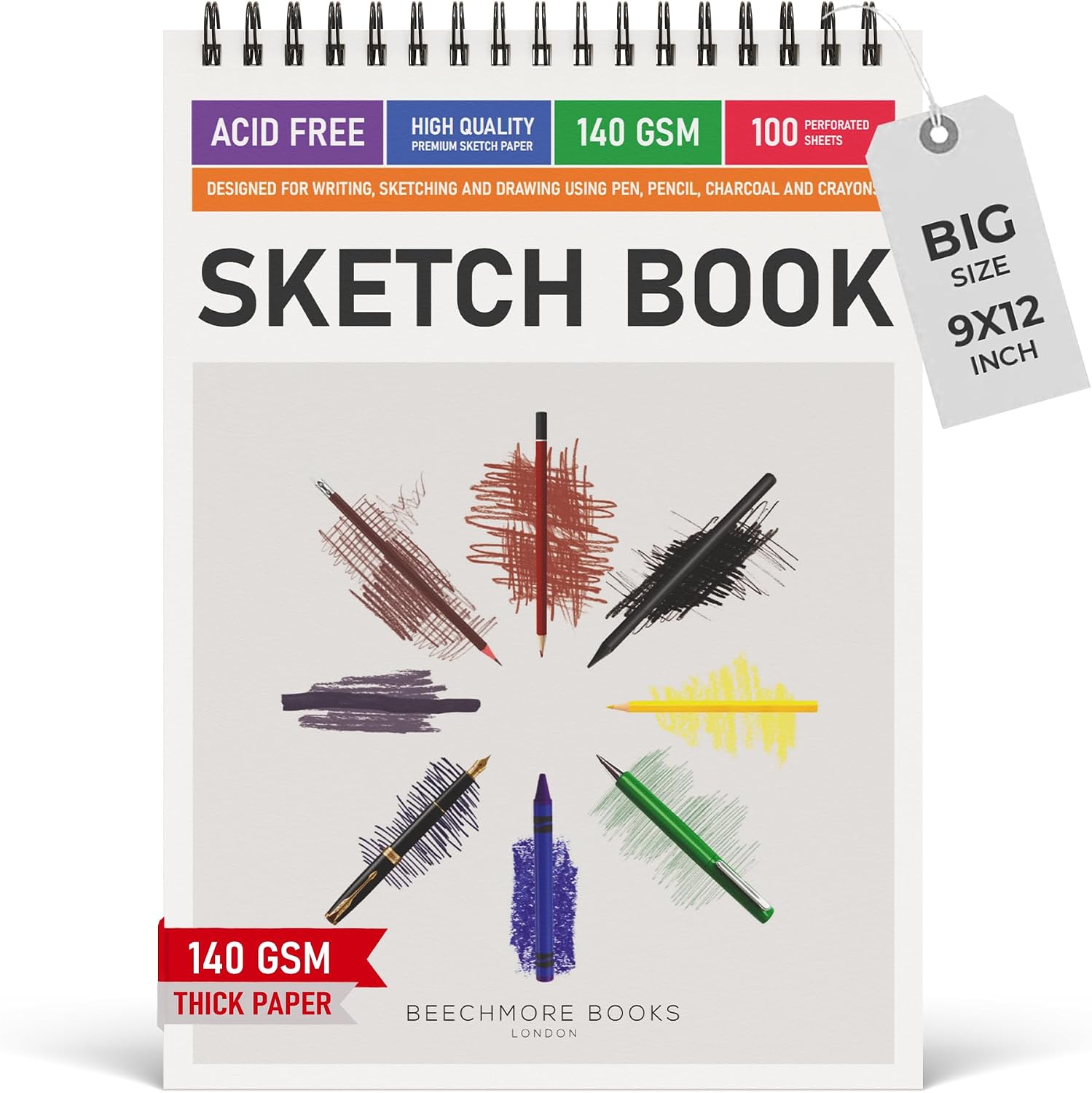Detalle de Beechmore Books 9x12 Spiral Bound Sketchbook – 100 Perforated Sheets, 140 GSM