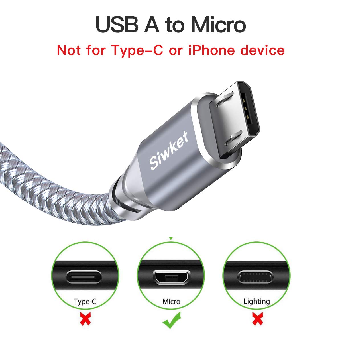 Thumbnail 3 de Siwket Micro USB Cable 2Pack 3M Braided USB A to Micro Charge Cable – durable 10ft USB charging and data sync