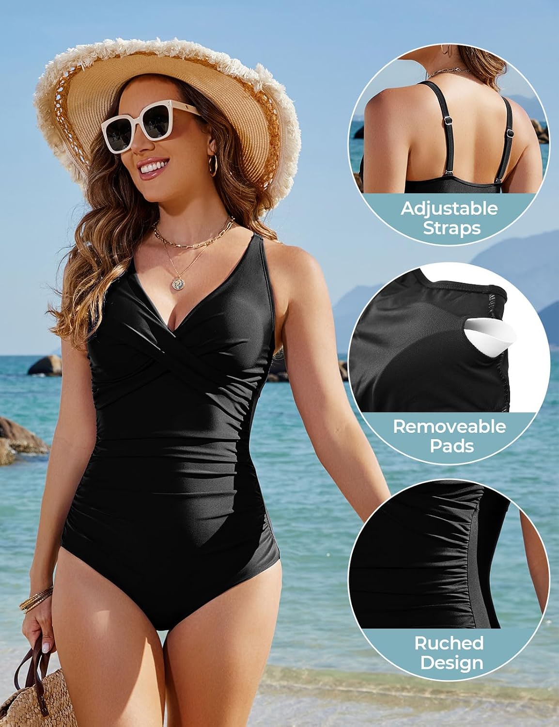 Detalle de Tuopuda Costume da Bagno Intero da Donna con Scollatura a V Push Up – controlla la pancia e valorizza la silhouette